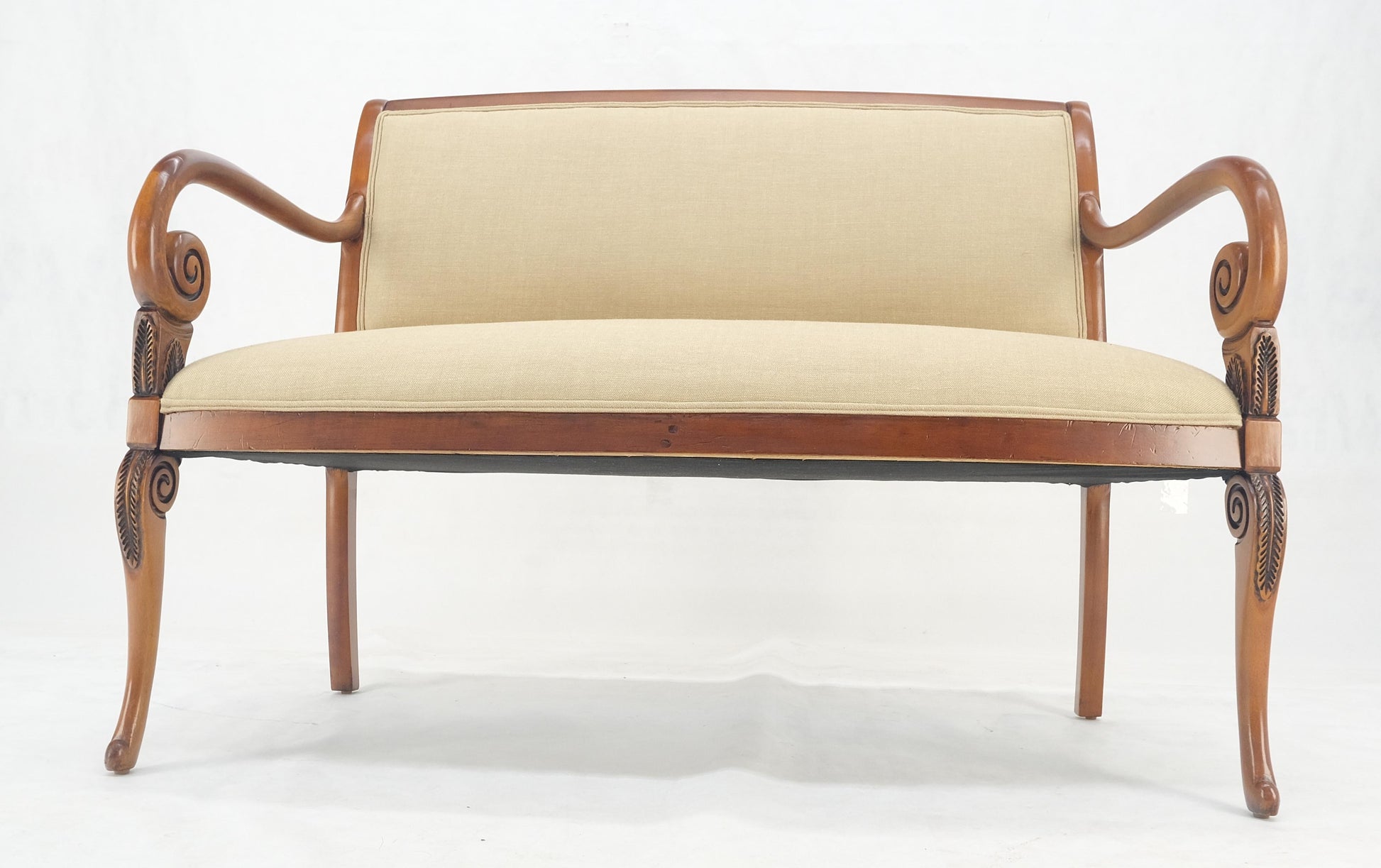 EstablishedLines New Solid Linen Upholstery Antique Louis Phillipe Style Carved Maple Loveseat