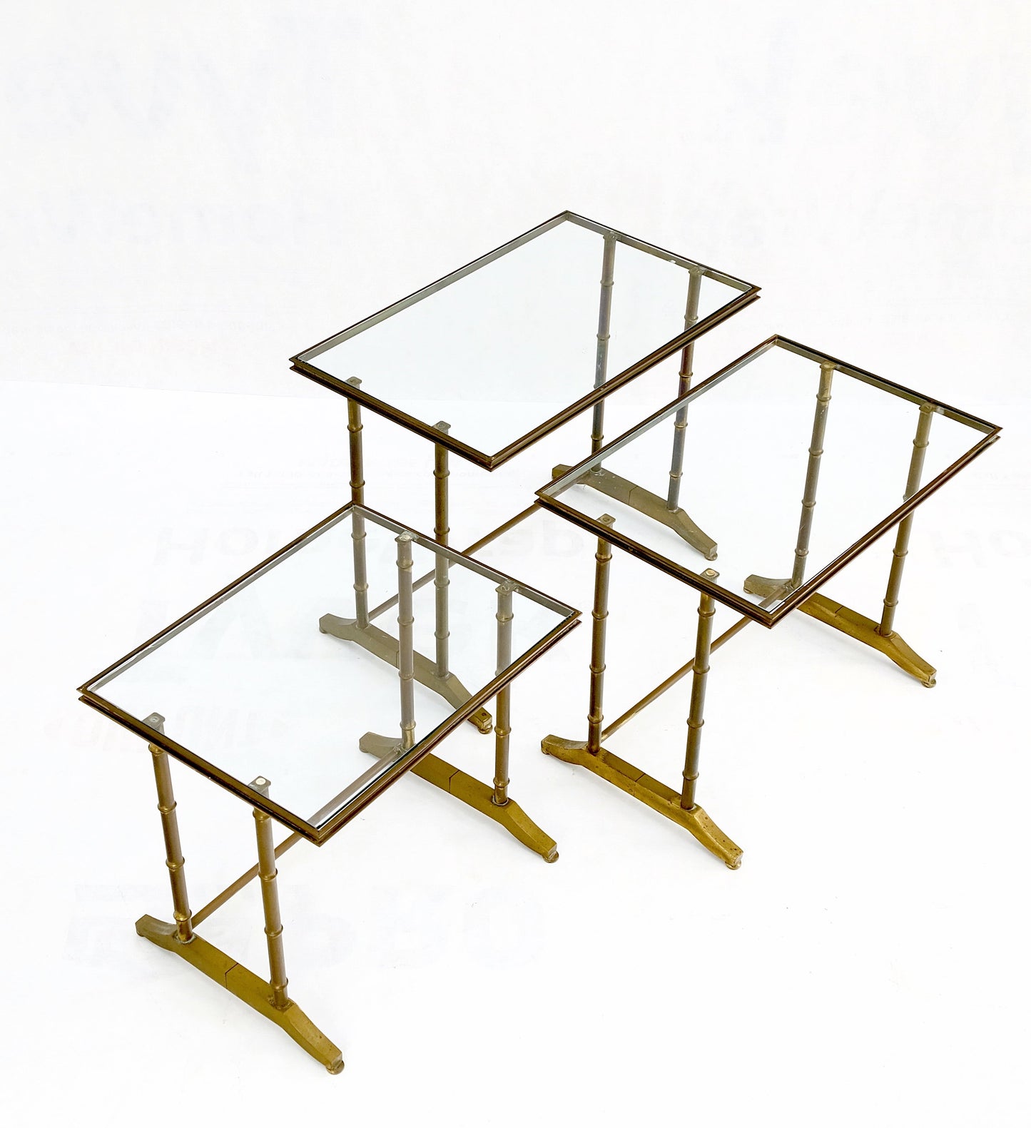 EstablishedLines Set of MCM Solid Brass Faux Bamboo Glass Top Nesting Side End Tables Stands