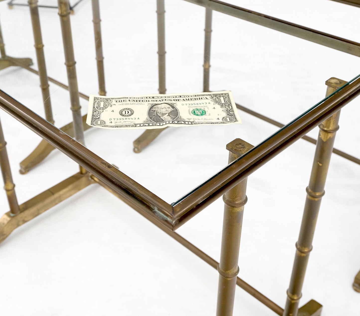 EstablishedLines Set of MCM Solid Brass Faux Bamboo Glass Top Nesting Side End Tables Stands