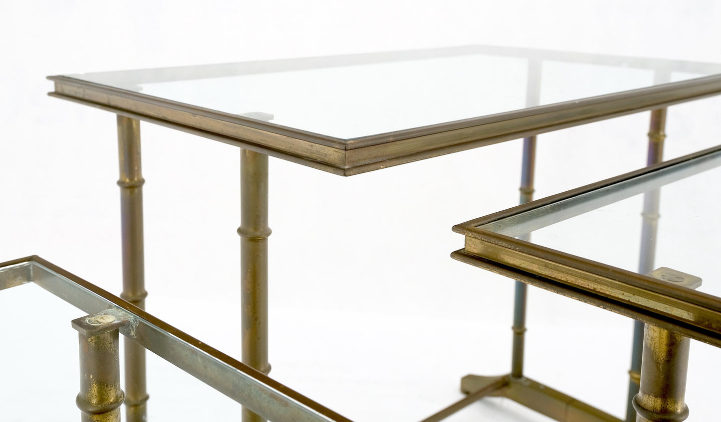 EstablishedLines Set of MCM Solid Brass Faux Bamboo Glass Top Nesting Side End Tables Stands