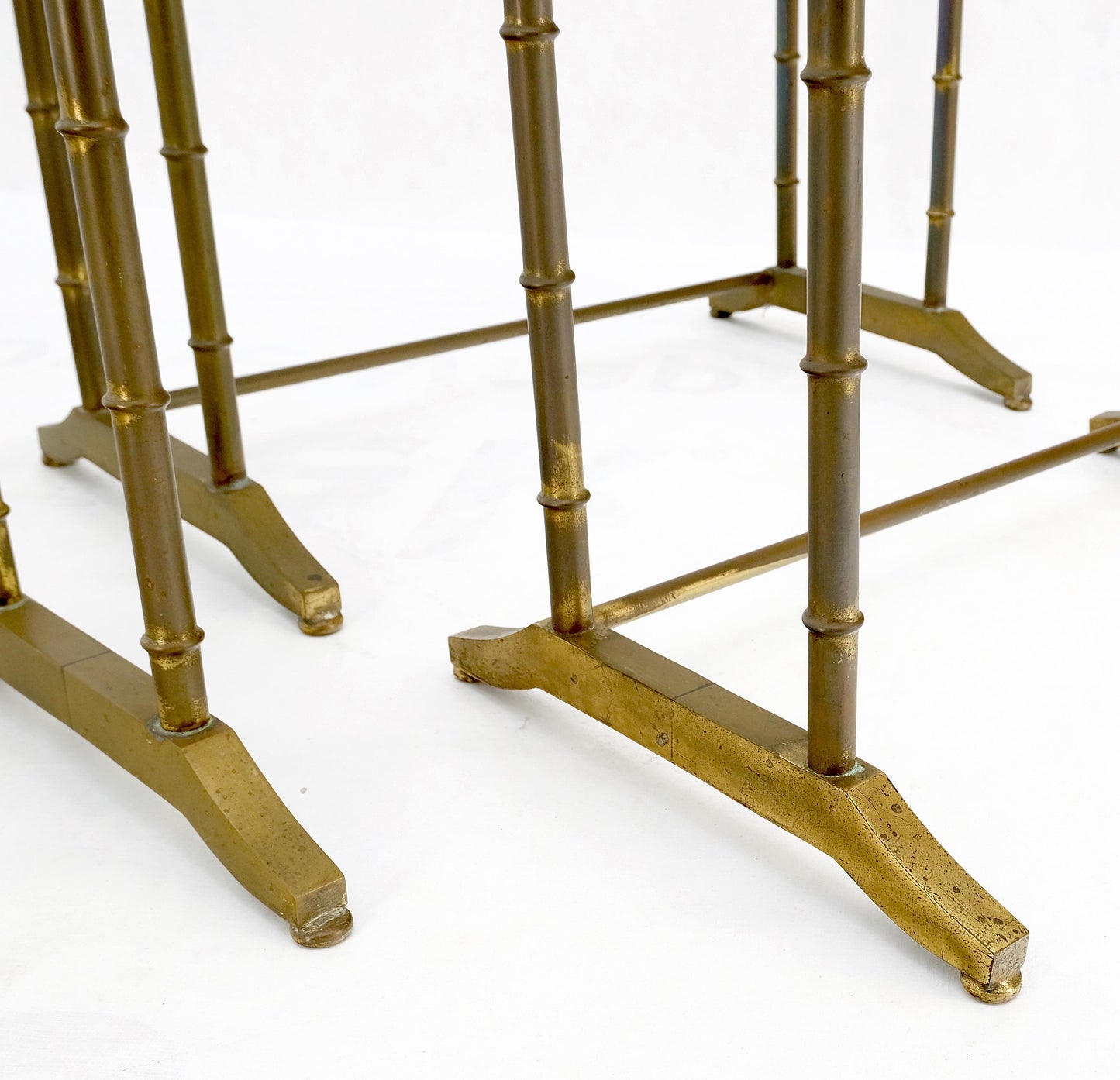 EstablishedLines Set of MCM Solid Brass Faux Bamboo Glass Top Nesting Side End Tables Stands