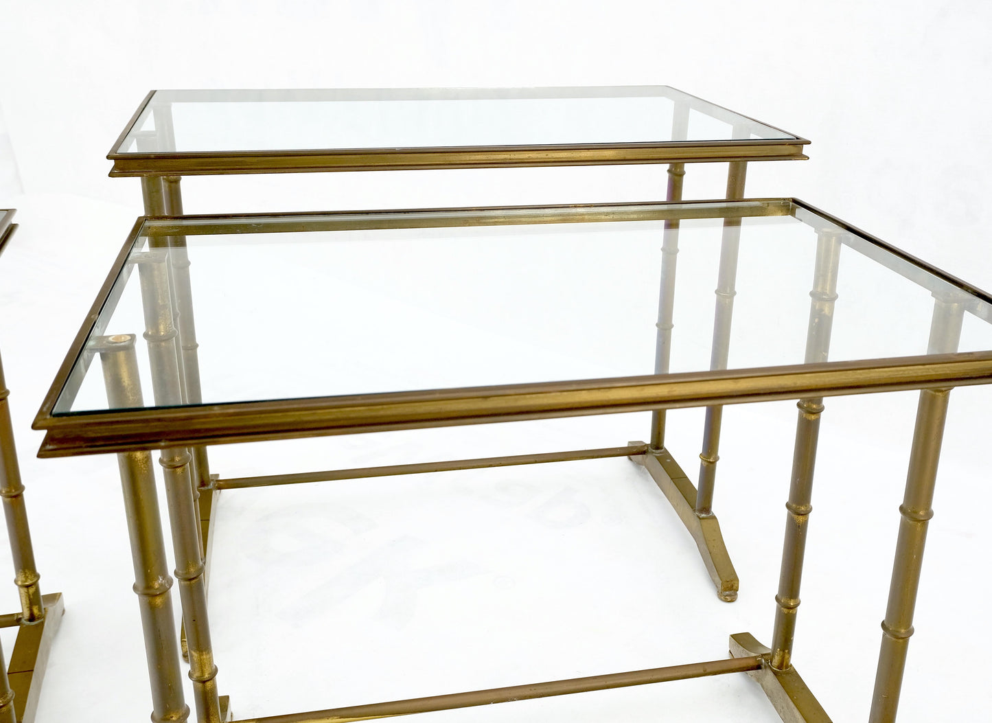 EstablishedLines Set of MCM Solid Brass Faux Bamboo Glass Top Nesting Side End Tables Stands
