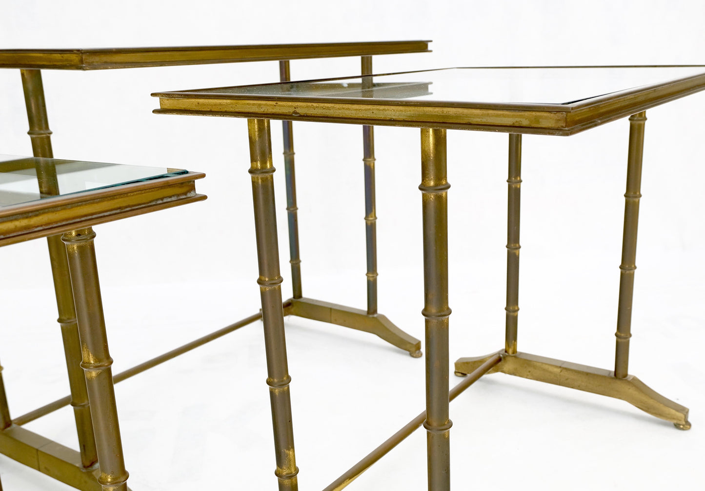 EstablishedLines Set of MCM Solid Brass Faux Bamboo Glass Top Nesting Side End Tables Stands