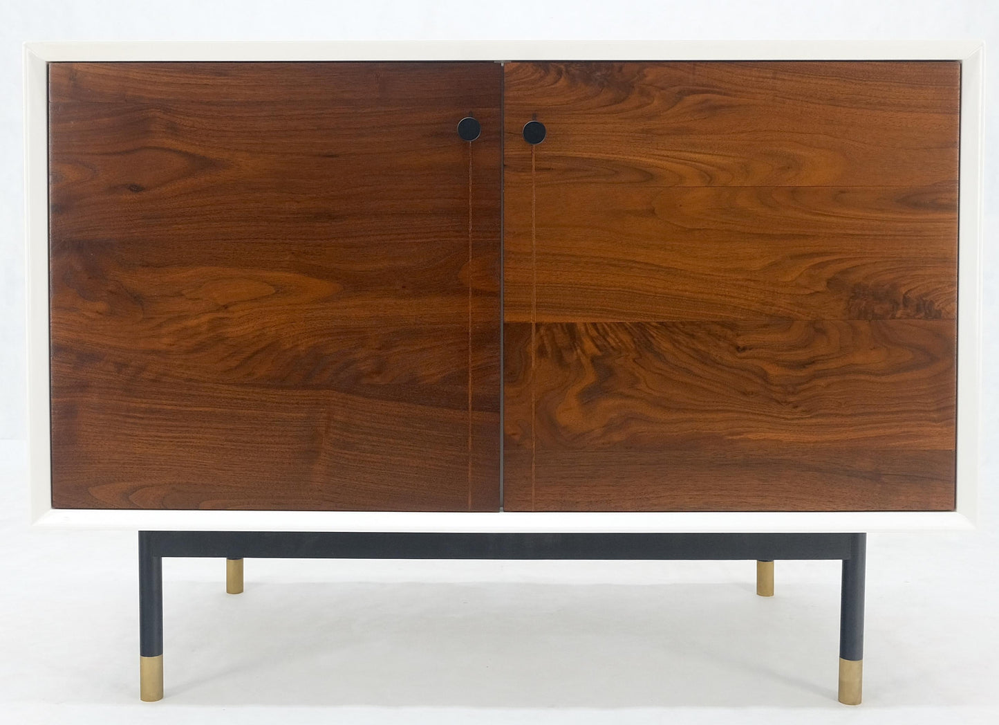 White Lacquer Oiled Walnut Double Door Cylinder Legs Brass Tips Legs Credenza