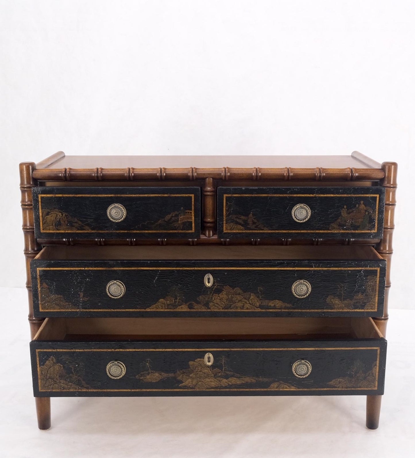 EstablishedLines Asian Motive Scene Drawer Decorated Faux Bamboo 4 Drawers Dresser Bachelor Chest