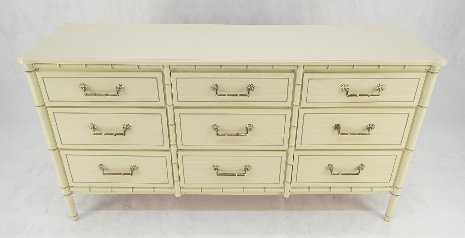 EstablishedLines Faux Bamboo Beige White Lacquer 9 Drawers 65" Wide Dresser Credenza MINT!