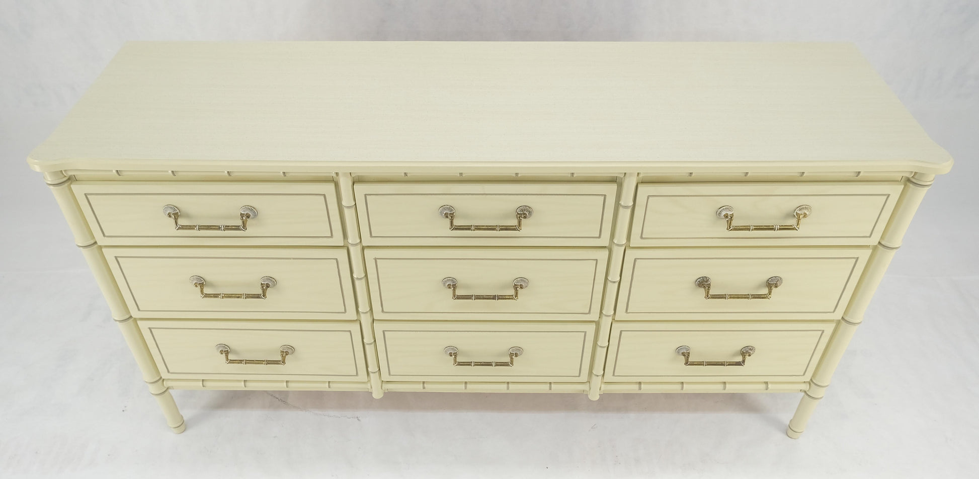 EstablishedLines Faux Bamboo Beige White Lacquer 9 Drawers 65" Wide Dresser Credenza MINT!