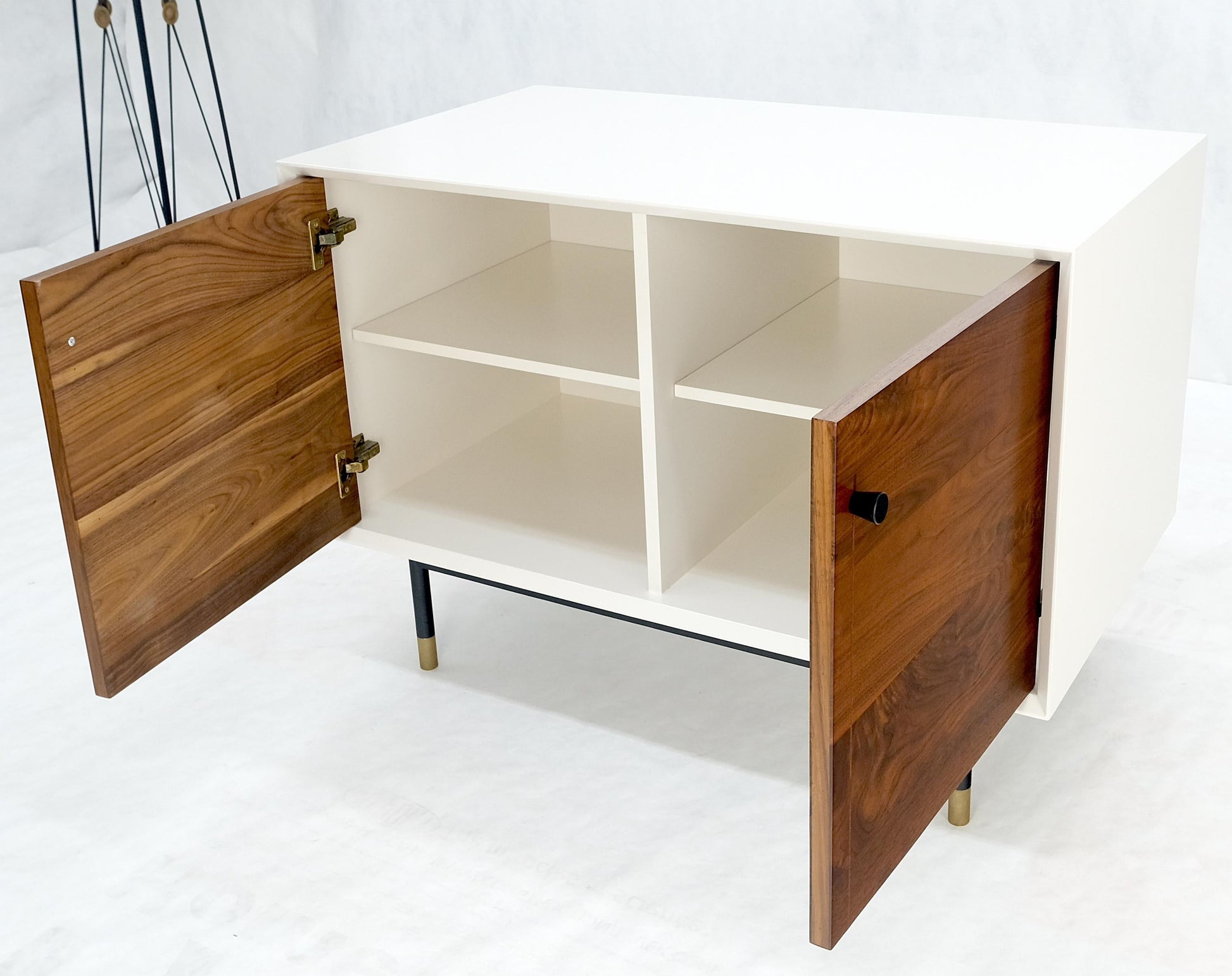 EstablishedLines White Lacquer Oiled Walnut Double Door Cylinder Legs Brass Tips Legs Credenza