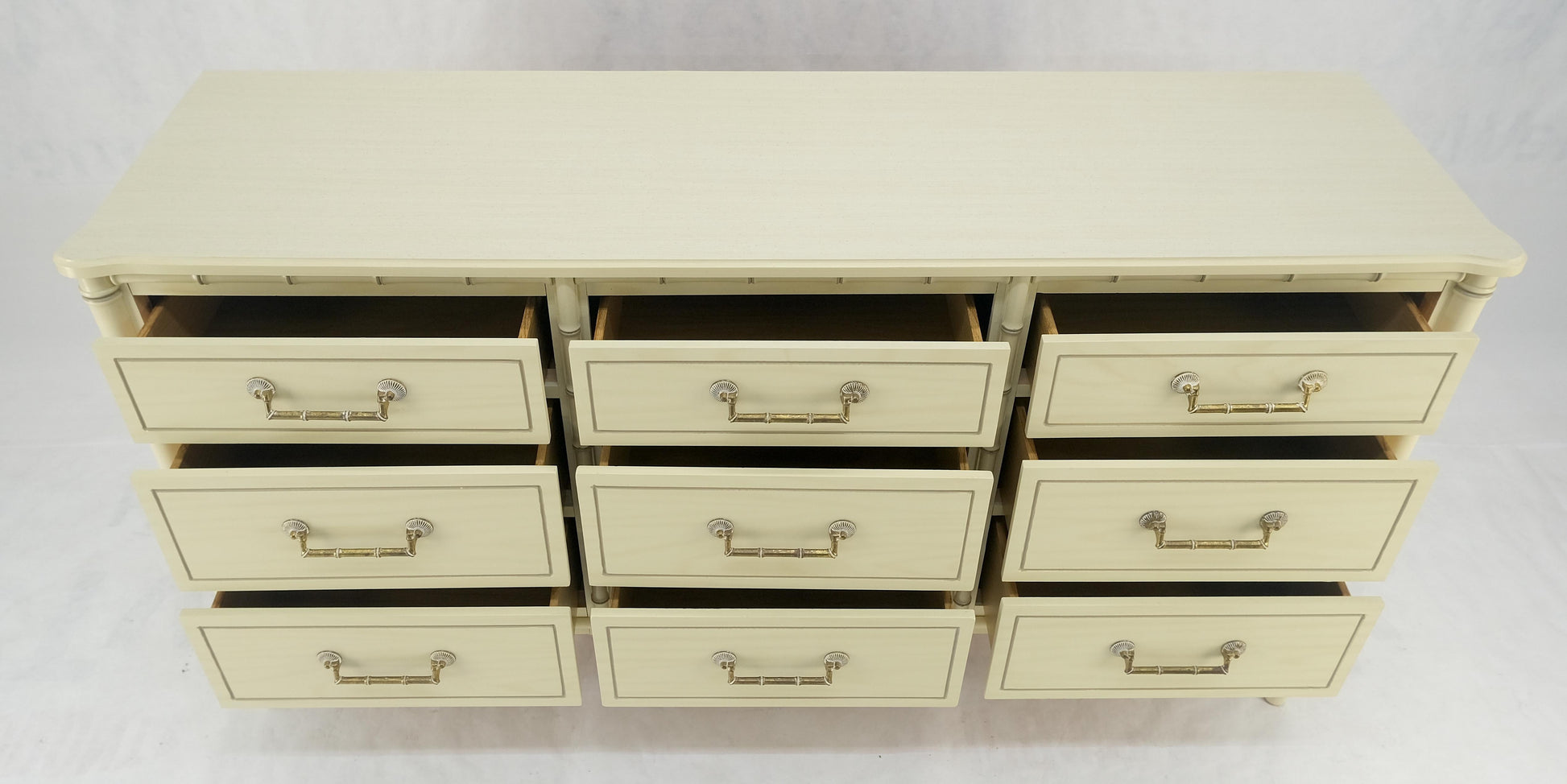 EstablishedLines Faux Bamboo Beige White Lacquer 9 Drawers 65" Wide Dresser Credenza MINT!