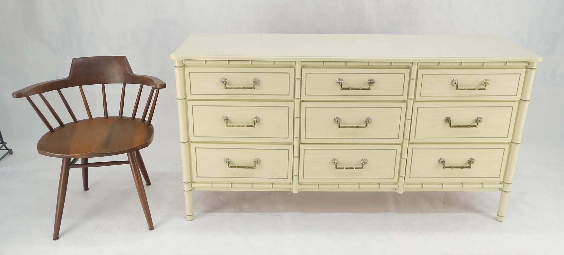 EstablishedLines Faux Bamboo Beige White Lacquer 9 Drawers 65" Wide Dresser Credenza MINT!