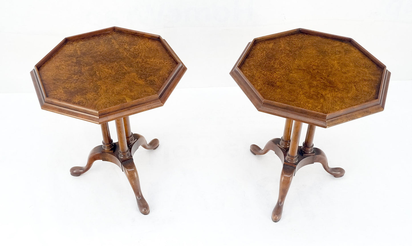 EstablishedLines Pair Gallery Burl Wood Top Tripod Bases Side End Occasional Lamp Tables Stands