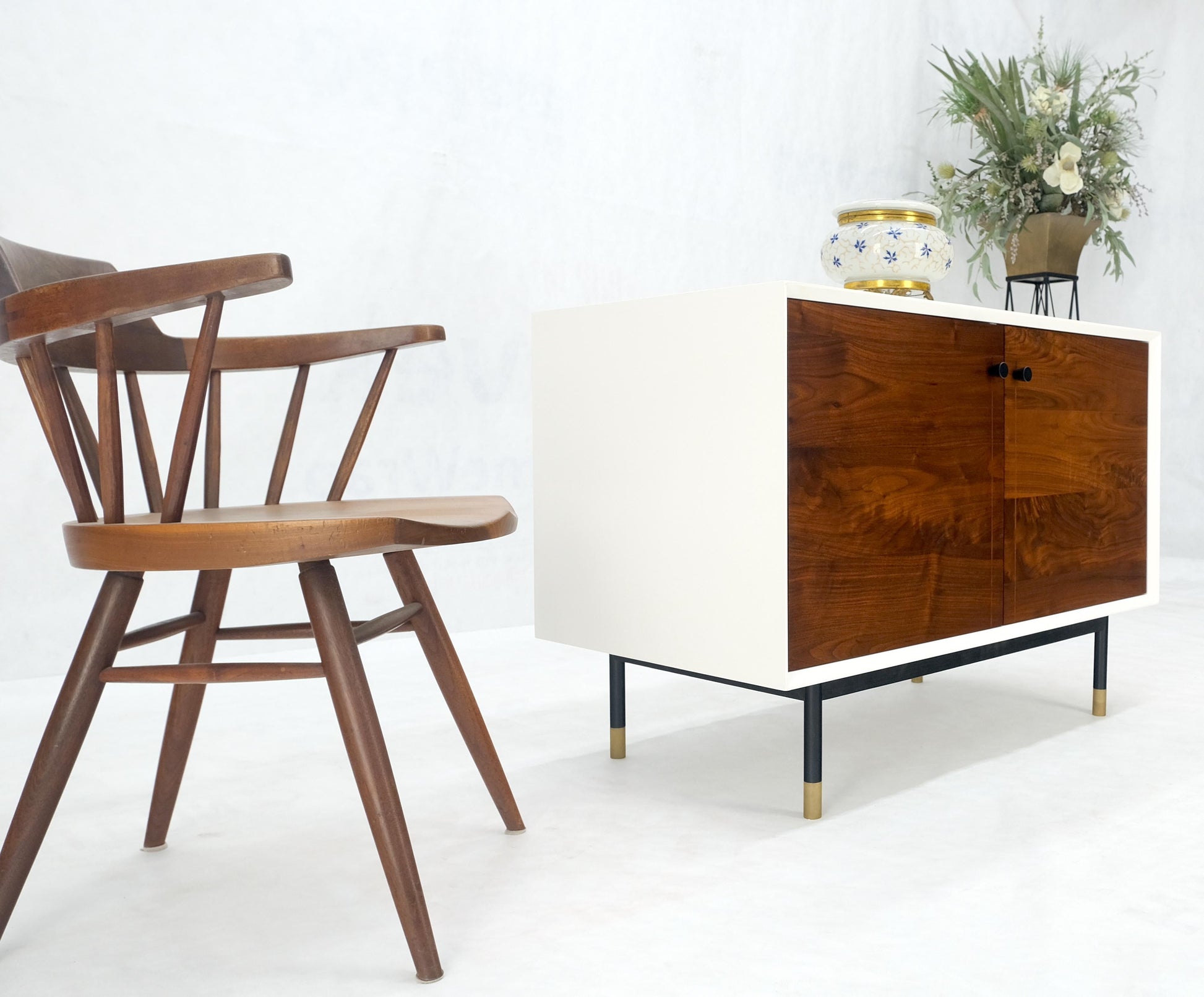 EstablishedLines White Lacquer Oiled Walnut Double Door Cylinder Legs Brass Tips Legs Credenza