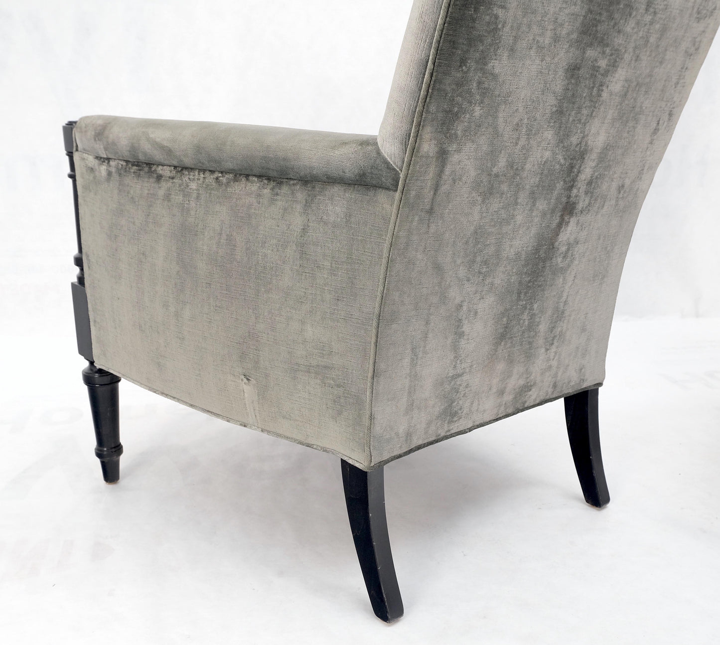 EstablishedLines Pair of Tall Tufted Backs Black Lacquer Frames Decorative Arm Chairs Thrones