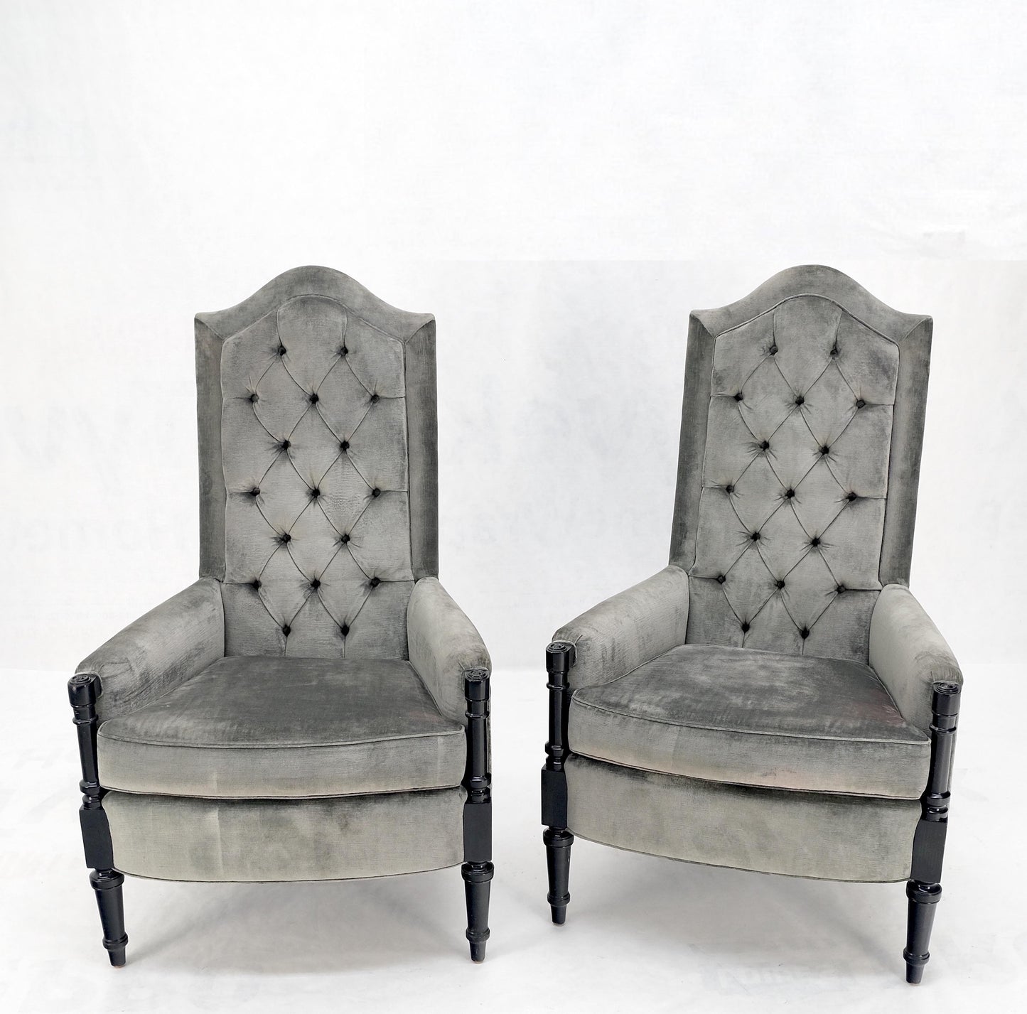 EstablishedLines Pair of Tall Tufted Backs Black Lacquer Frames Decorative Arm Chairs Thrones