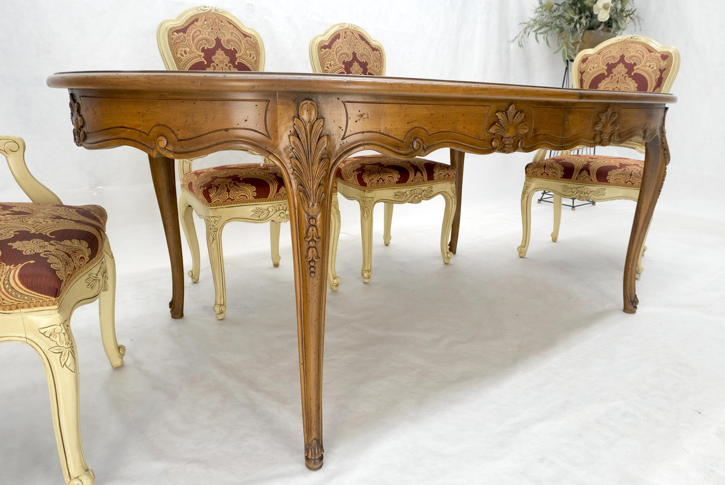 EstablishedLines 8 Carved Dining Chairs Walnut Table 3x18" Leaves Overall 132" Long Dining Set