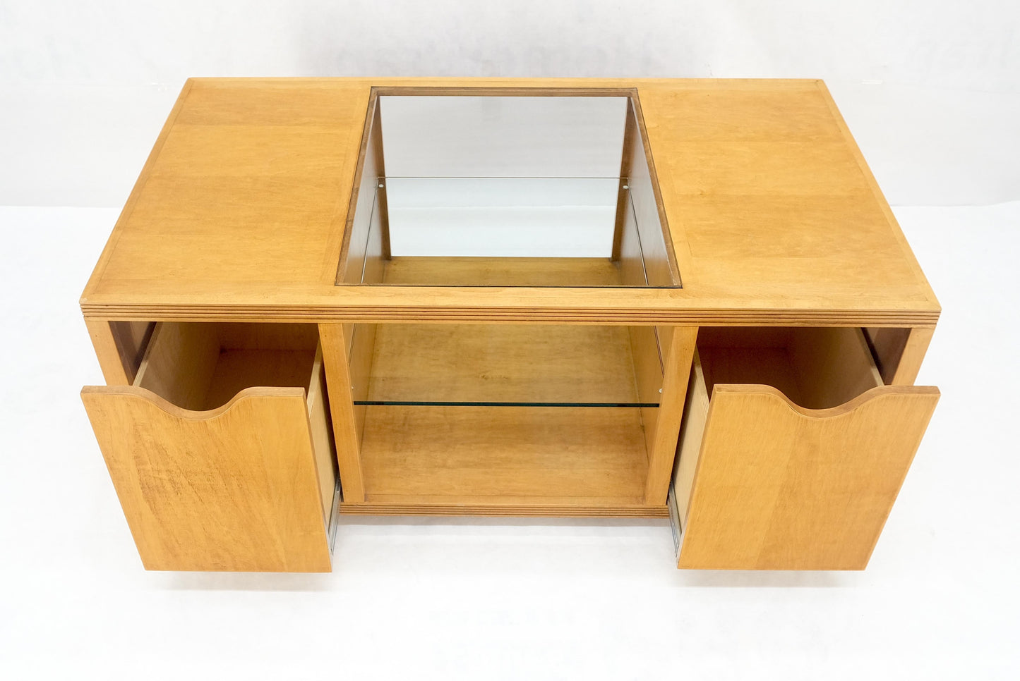 EstablishedLines Large Box Shape Glass Top Birch Plywood Deep Drawers Storage Coffee Table MCM