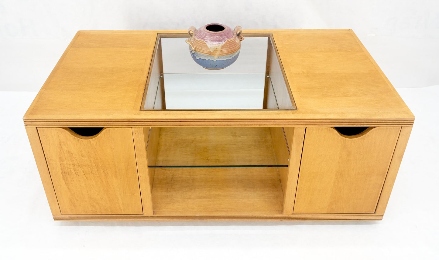 EstablishedLines Large Box Shape Glass Top Birch Plywood Deep Drawers Storage Coffee Table MCM