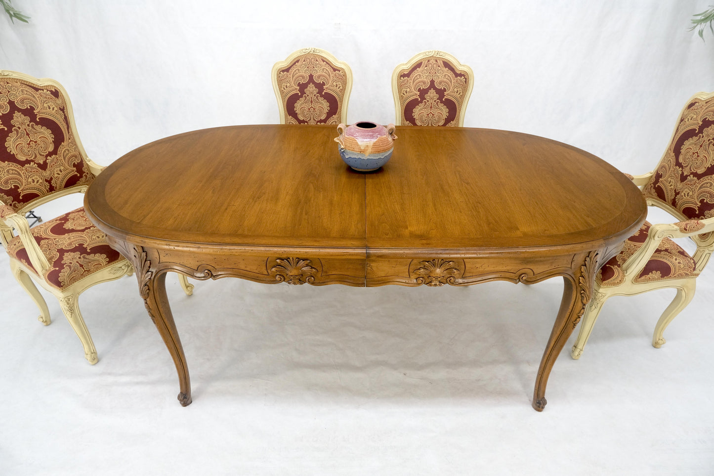 EstablishedLines 8 Carved Dining Chairs Walnut Table 3x18" Leaves Overall 132" Long Dining Set