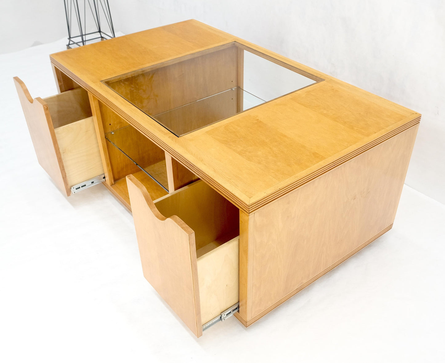EstablishedLines Large Box Shape Glass Top Birch Plywood Deep Drawers Storage Coffee Table MCM