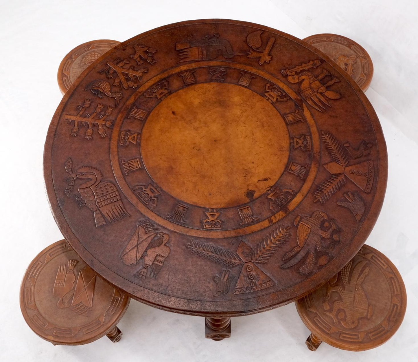EstablishedLines Mid Century Embossed Leather South American Coffee Table 4 Nesting Stools Chairs