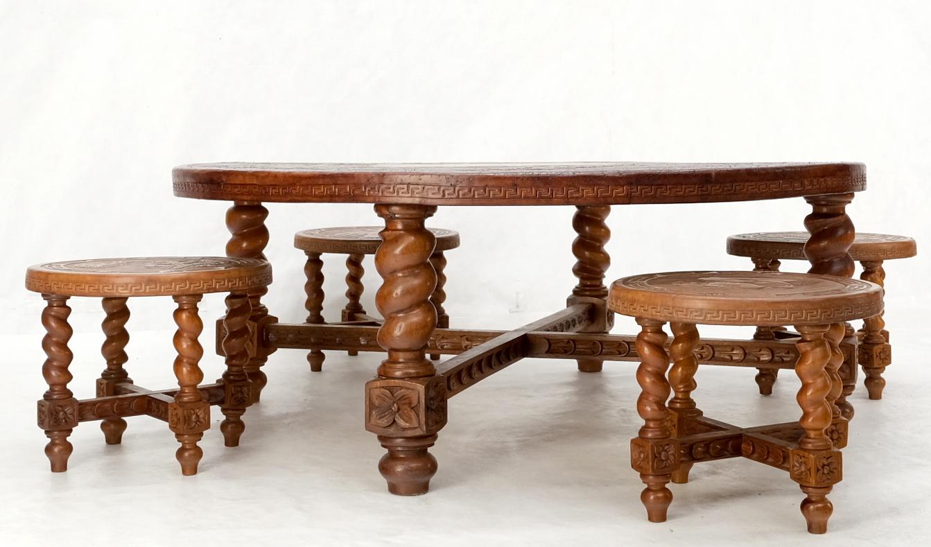 EstablishedLines Mid Century Embossed Leather South American Coffee Table 4 Nesting Stools Chairs