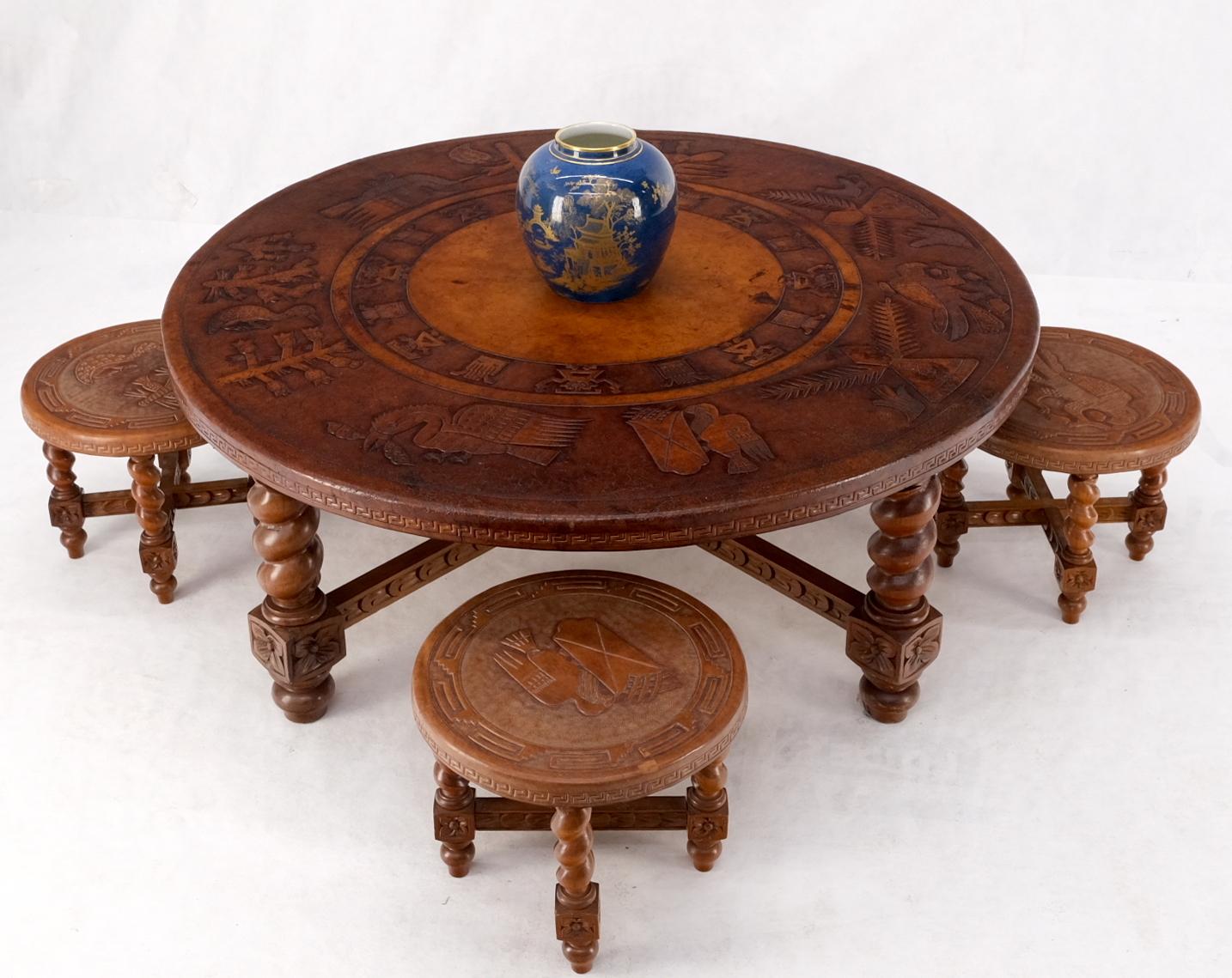 EstablishedLines Mid Century Embossed Leather South American Coffee Table 4 Nesting Stools Chairs