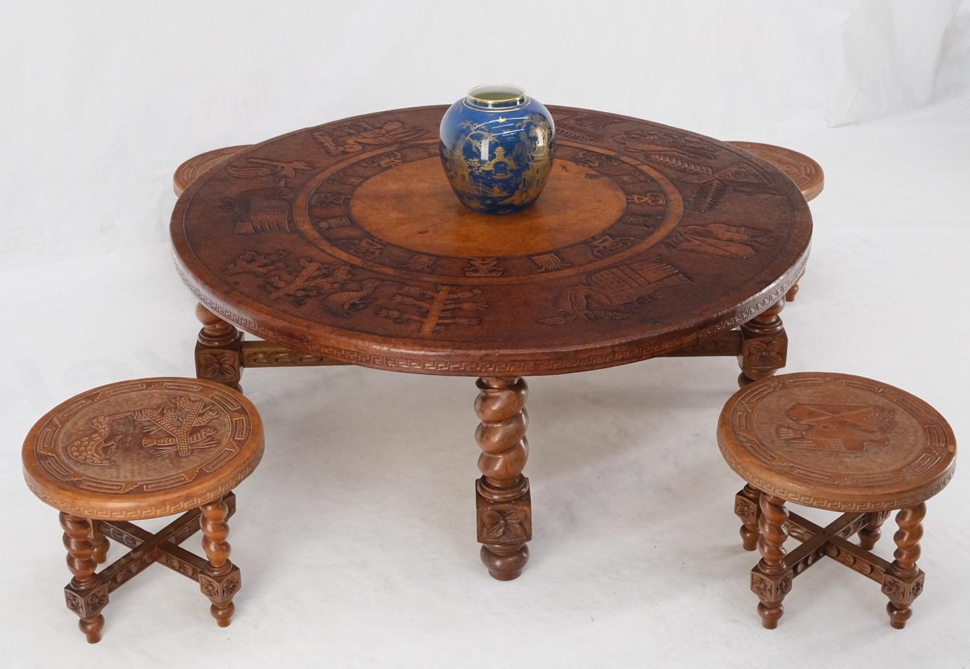 EstablishedLines Mid Century Embossed Leather South American Coffee Table 4 Nesting Stools Chairs