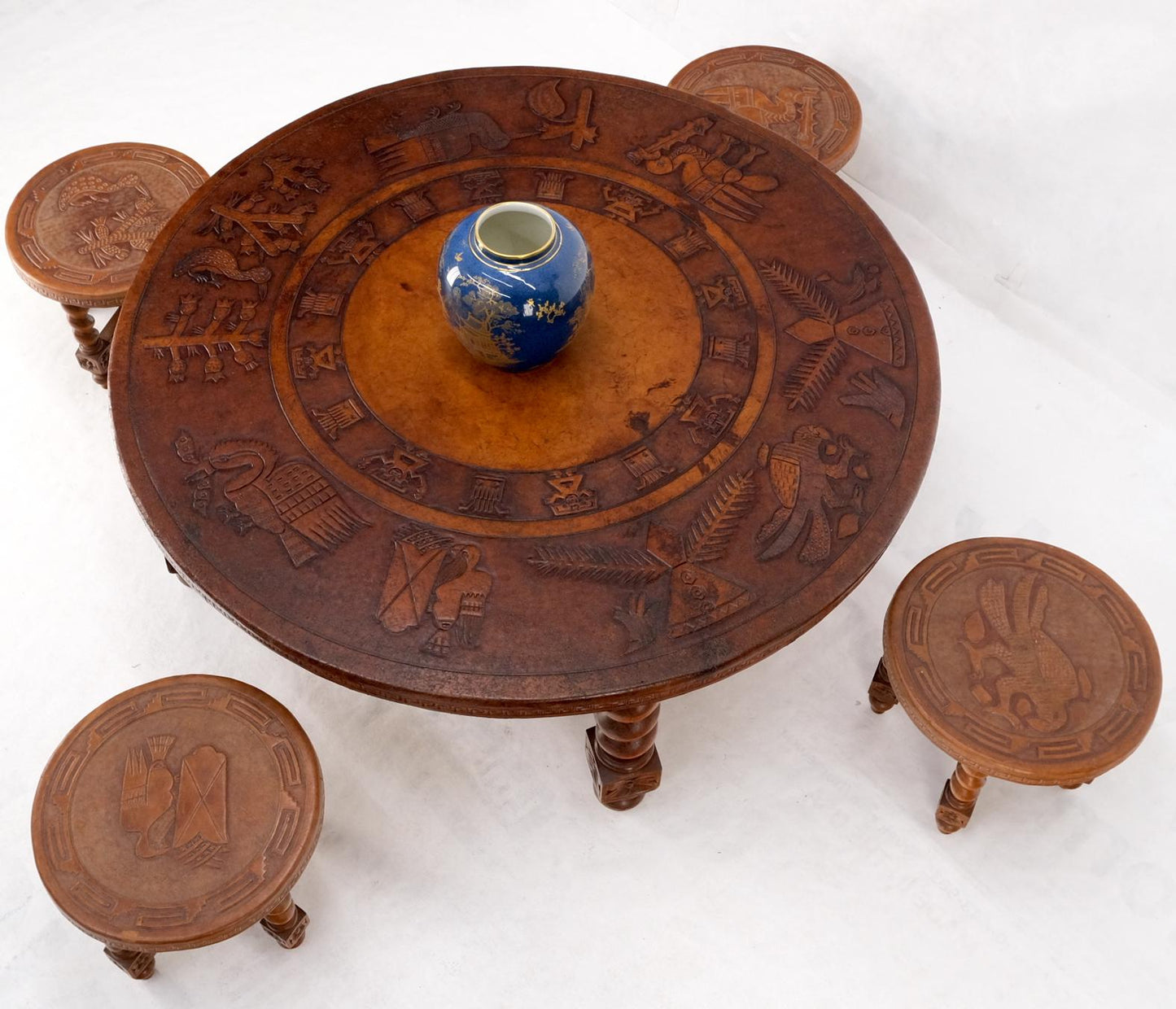 EstablishedLines Mid Century Embossed Leather South American Coffee Table 4 Nesting Stools Chairs