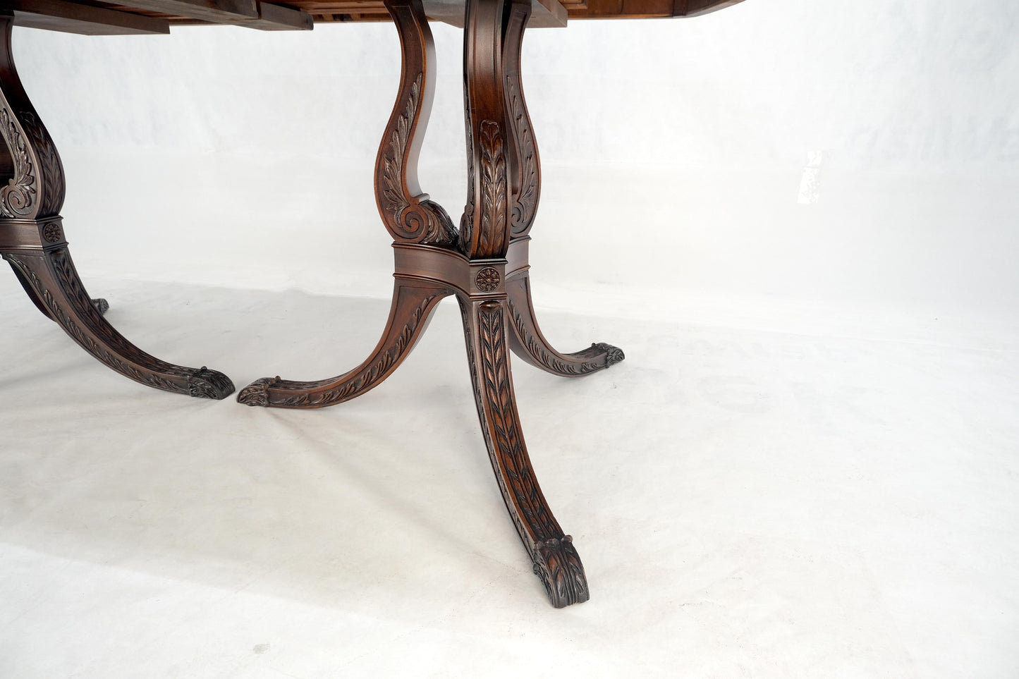 EstablishedLines Double Pedestal Mahogany Burl Wood Banded 4 Leaves 10' Total Length Dining Table