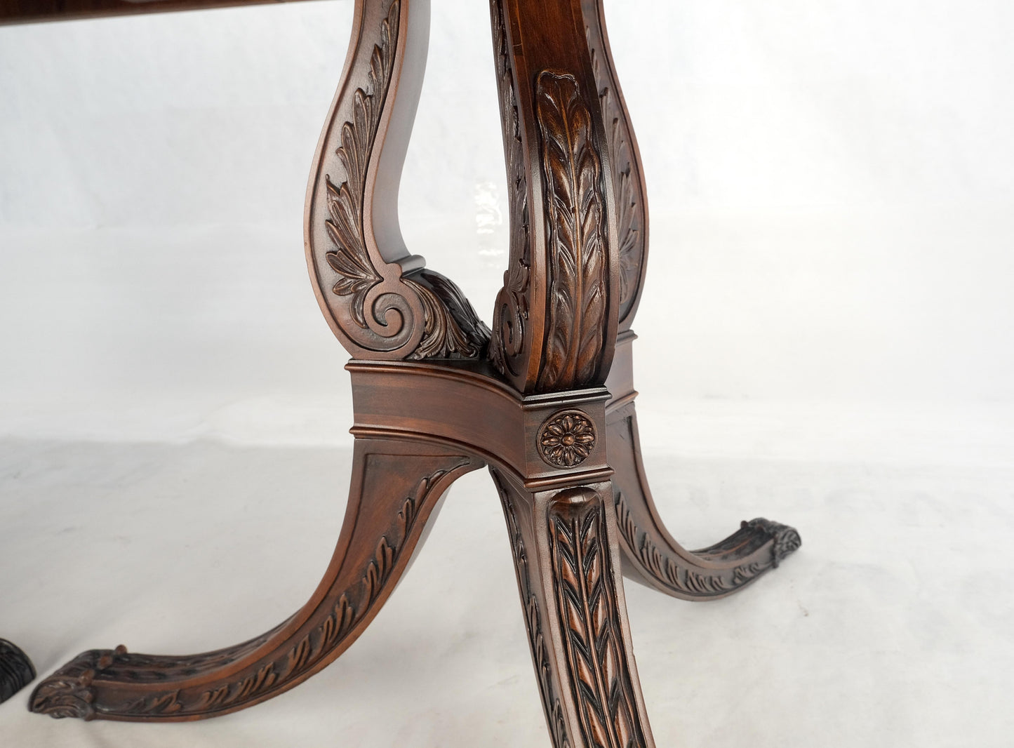 EstablishedLines Double Pedestal Mahogany Burl Wood Banded 4 Leaves 10' Total Length Dining Table