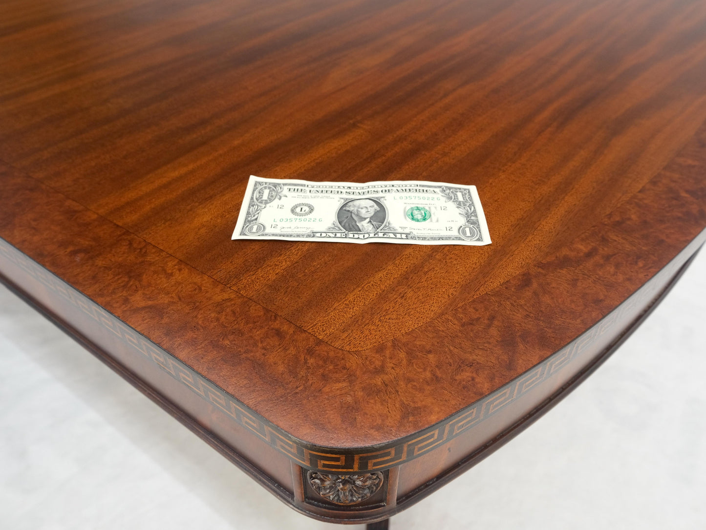 EstablishedLines Double Pedestal Mahogany Burl Wood Banded 4 Leaves 10' Total Length Dining Table