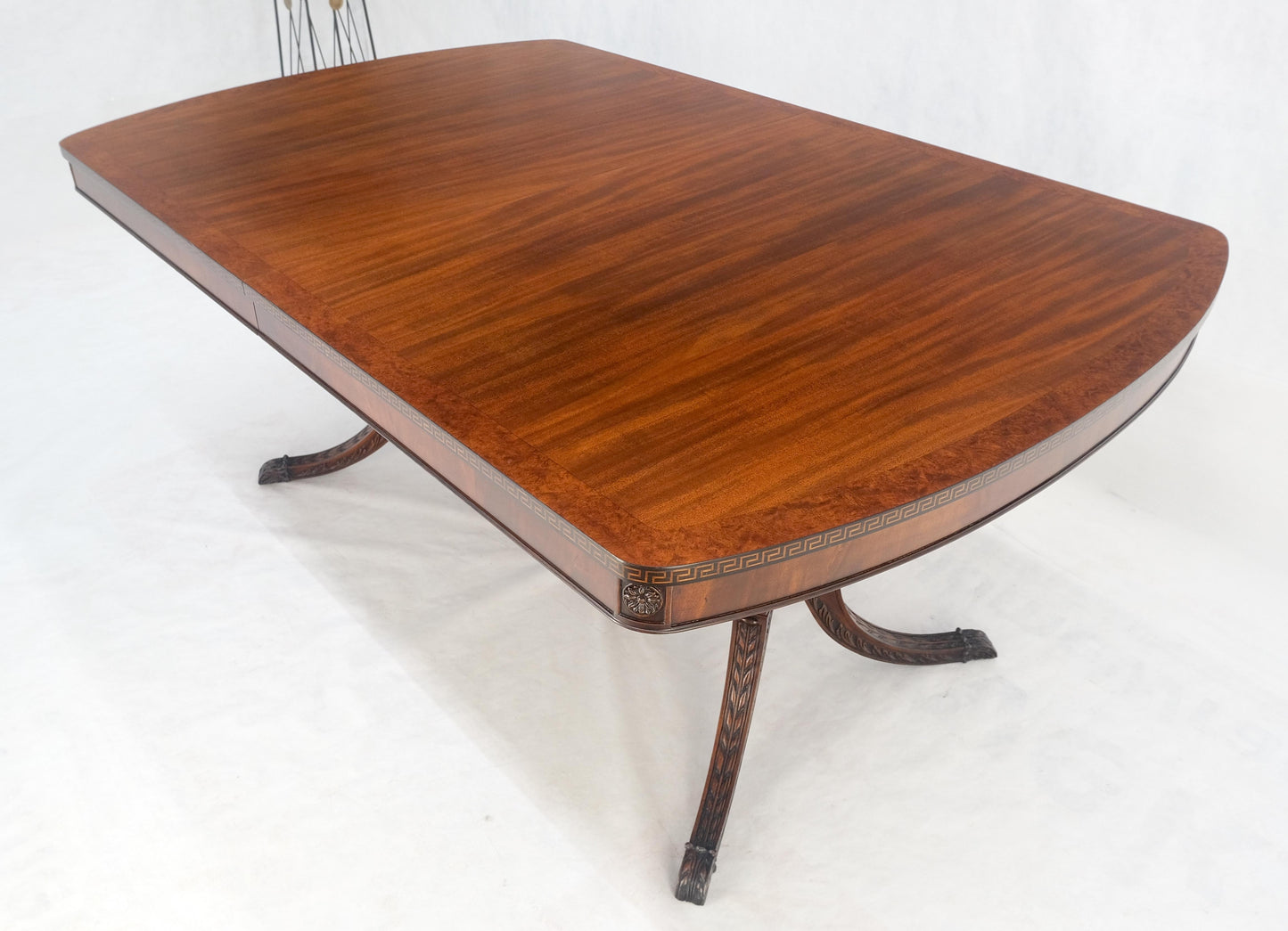 EstablishedLines Double Pedestal Mahogany Burl Wood Banded 4 Leaves 10' Total Length Dining Table