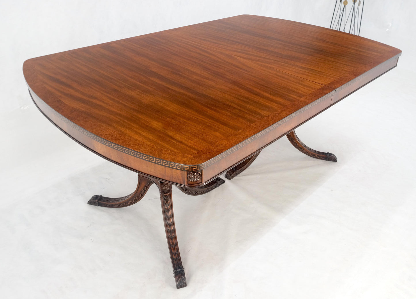 EstablishedLines Double Pedestal Mahogany Burl Wood Banded 4 Leaves 10' Total Length Dining Table