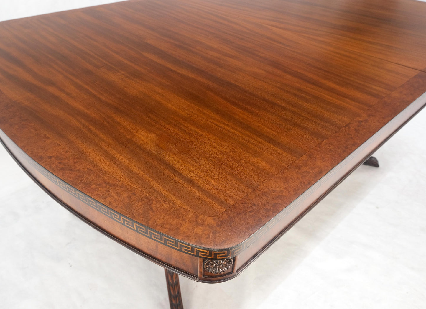 EstablishedLines Double Pedestal Mahogany Burl Wood Banded 4 Leaves 10' Total Length Dining Table