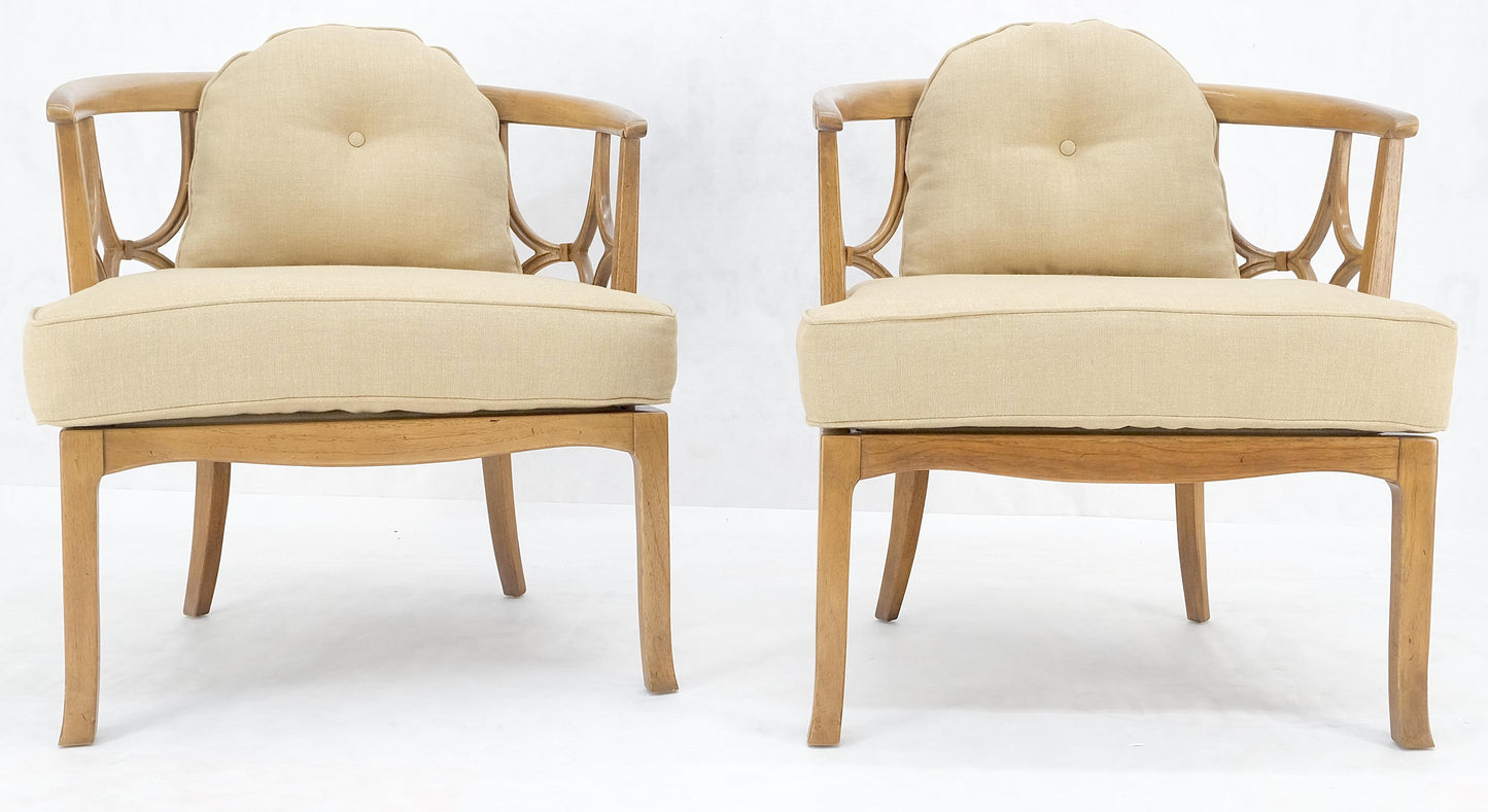 EstablishedLines Pair of New Gold Linen Upholstery Barrel Back Wrap Around Lounge Arm Chairs MINT