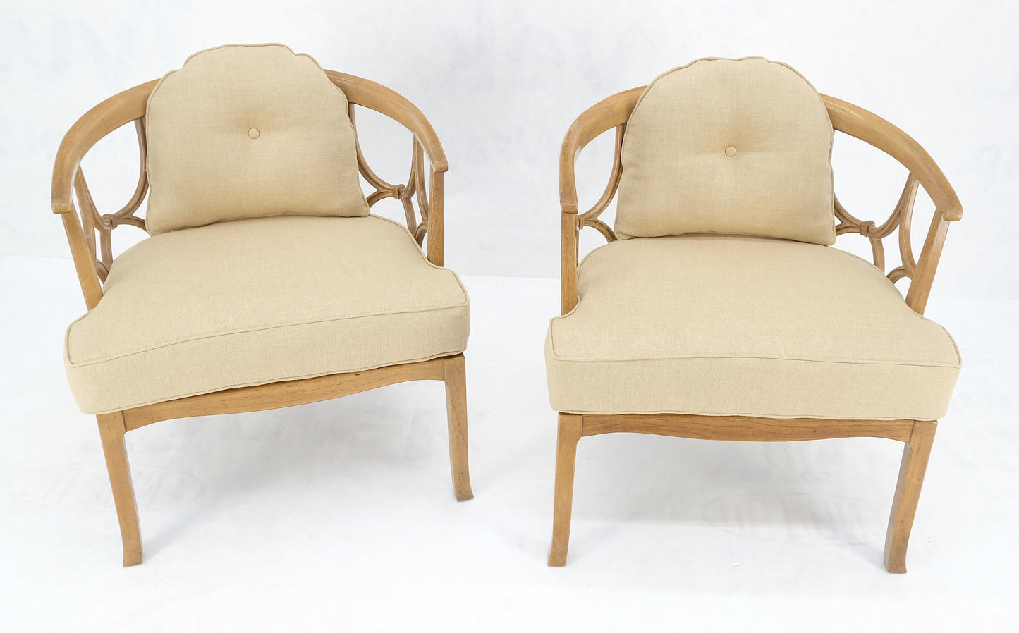 EstablishedLines Pair of New Gold Linen Upholstery Barrel Back Wrap Around Lounge Arm Chairs MINT