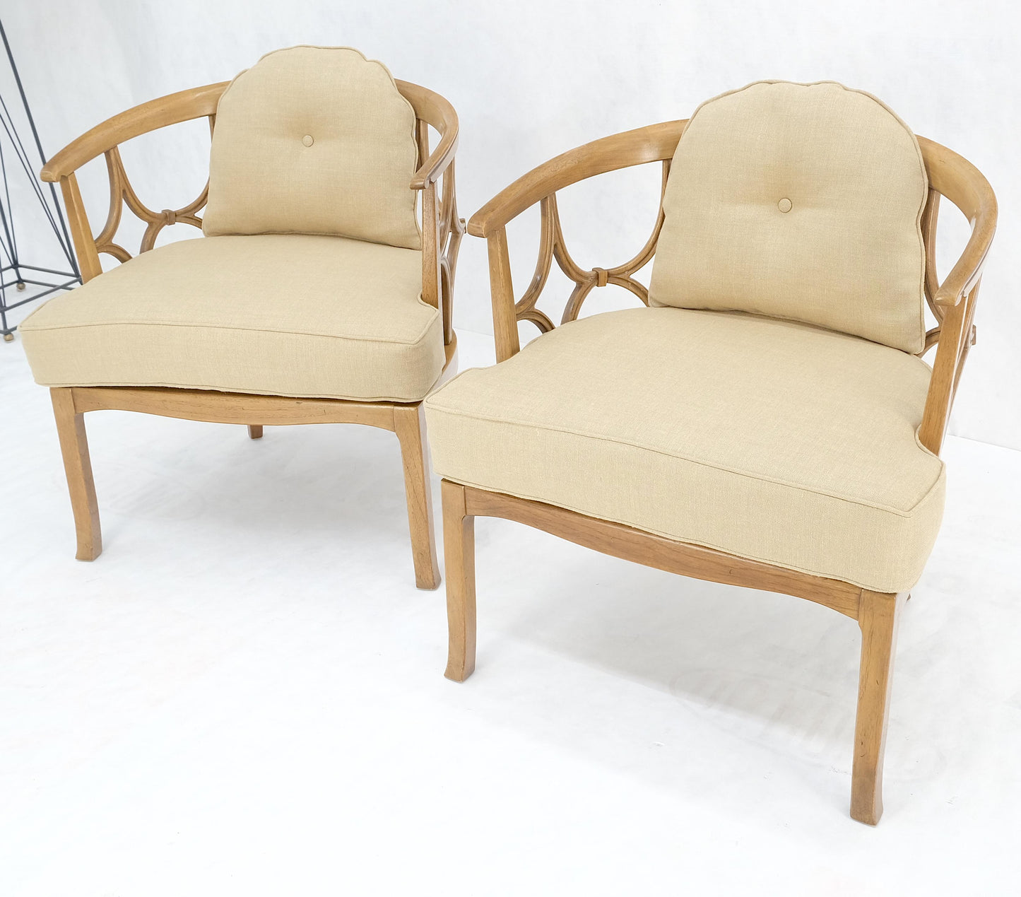EstablishedLines Pair of New Gold Linen Upholstery Barrel Back Wrap Around Lounge Arm Chairs MINT