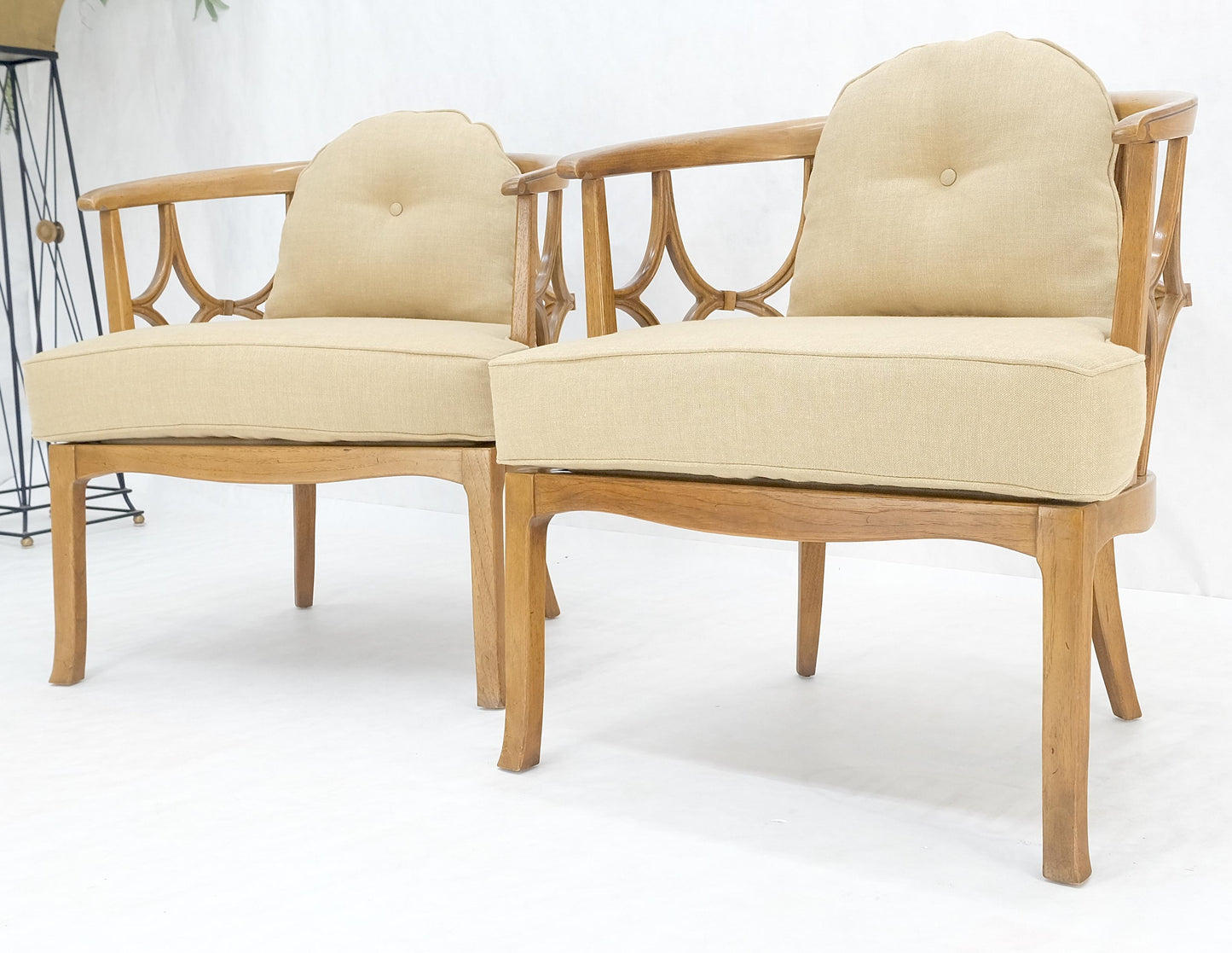 EstablishedLines Pair of New Gold Linen Upholstery Barrel Back Wrap Around Lounge Arm Chairs MINT