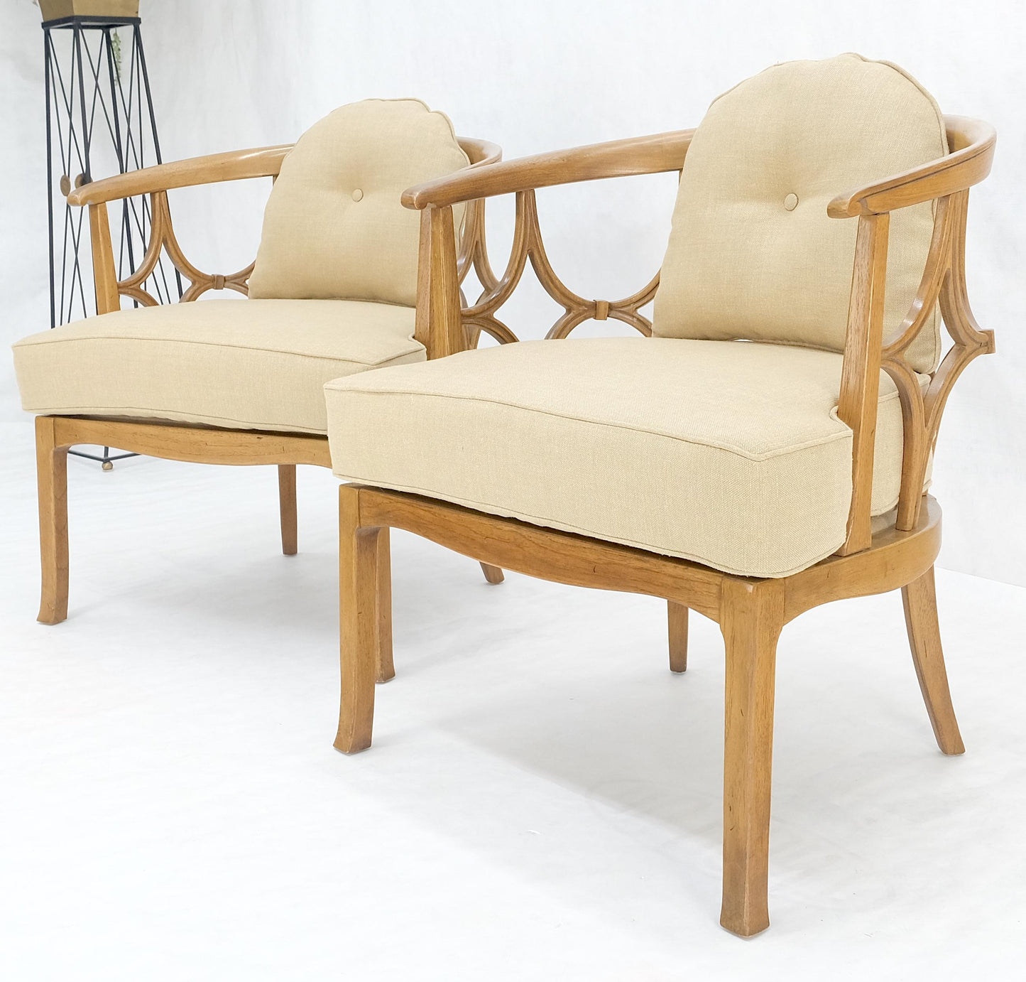 EstablishedLines Pair of New Gold Linen Upholstery Barrel Back Wrap Around Lounge Arm Chairs MINT