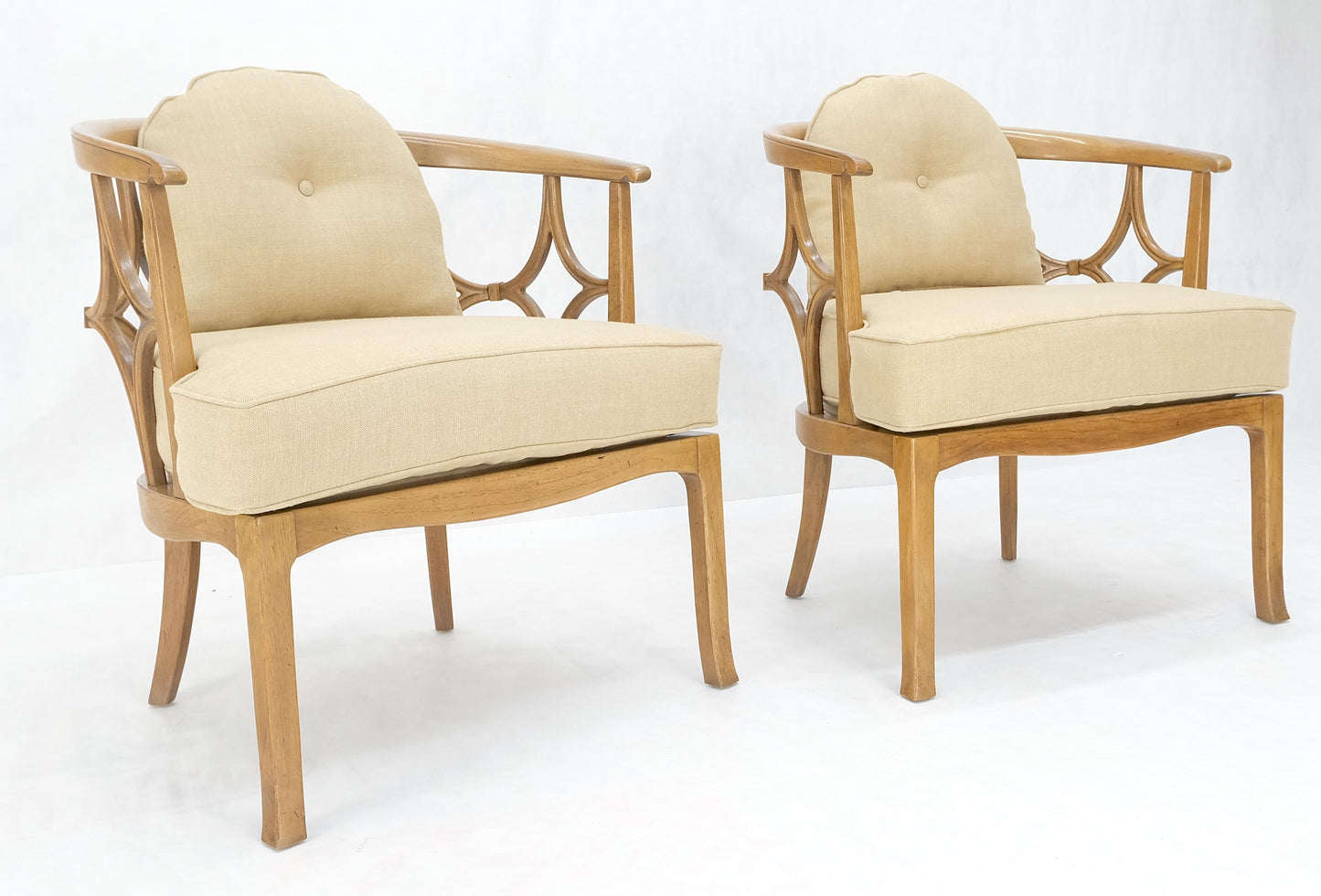 EstablishedLines Pair of New Gold Linen Upholstery Barrel Back Wrap Around Lounge Arm Chairs MINT
