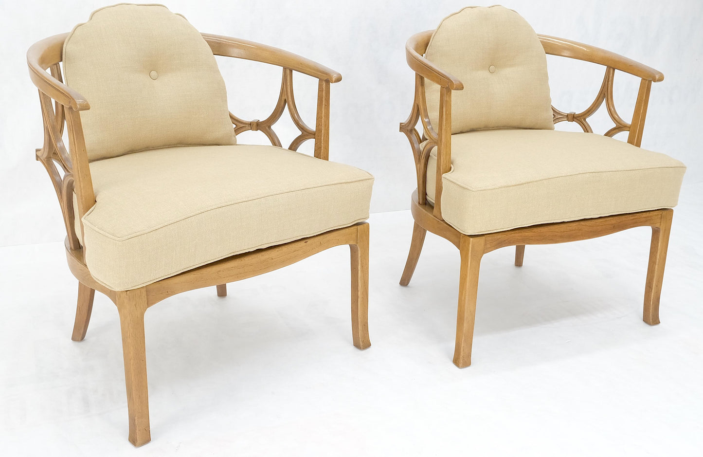 EstablishedLines Pair of New Gold Linen Upholstery Barrel Back Wrap Around Lounge Arm Chairs MINT