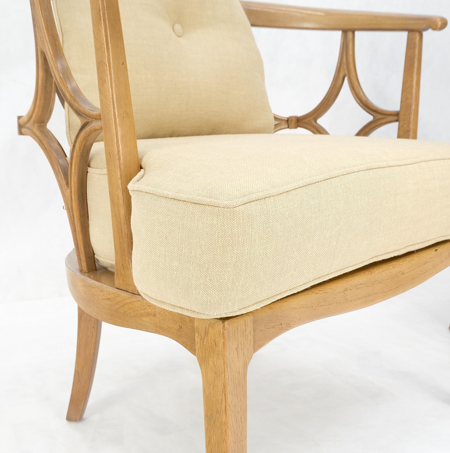 EstablishedLines Pair of New Gold Linen Upholstery Barrel Back Wrap Around Lounge Arm Chairs MINT