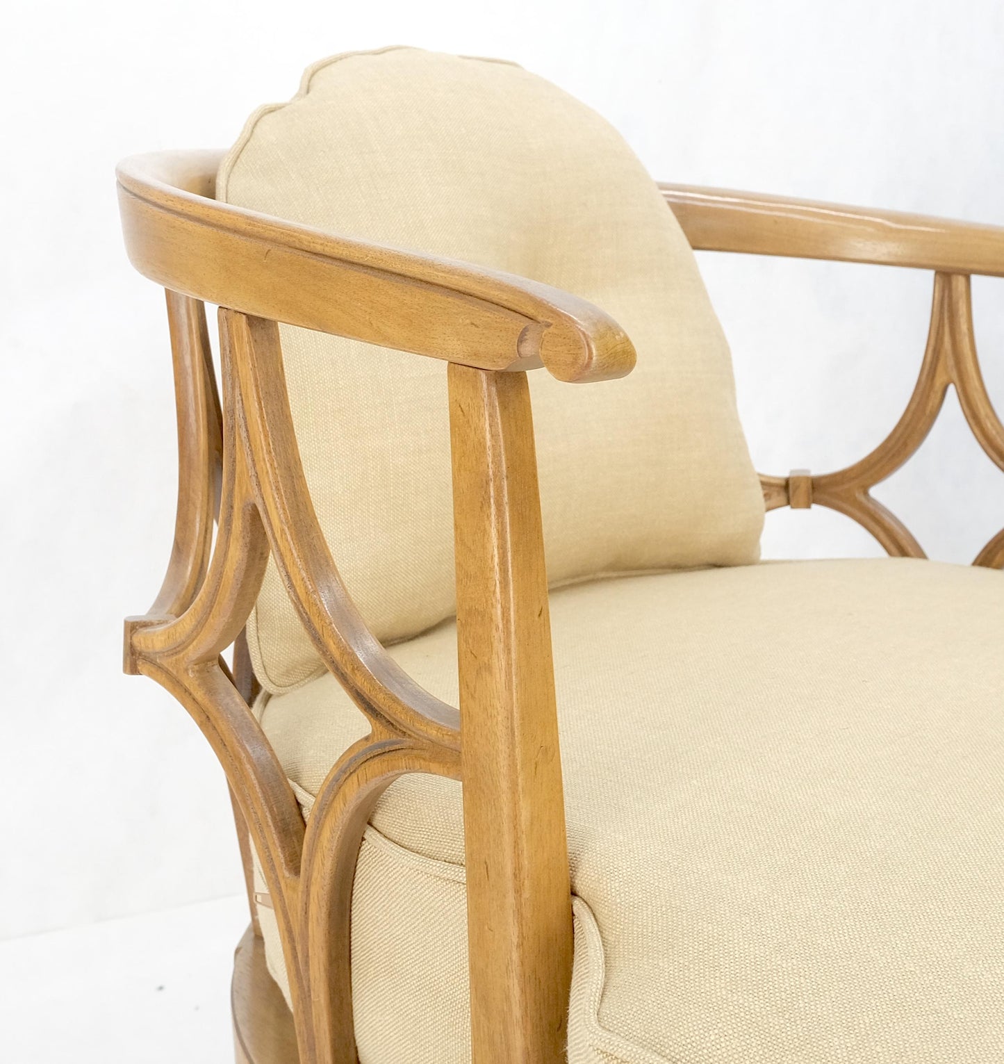 EstablishedLines Pair of New Gold Linen Upholstery Barrel Back Wrap Around Lounge Arm Chairs MINT