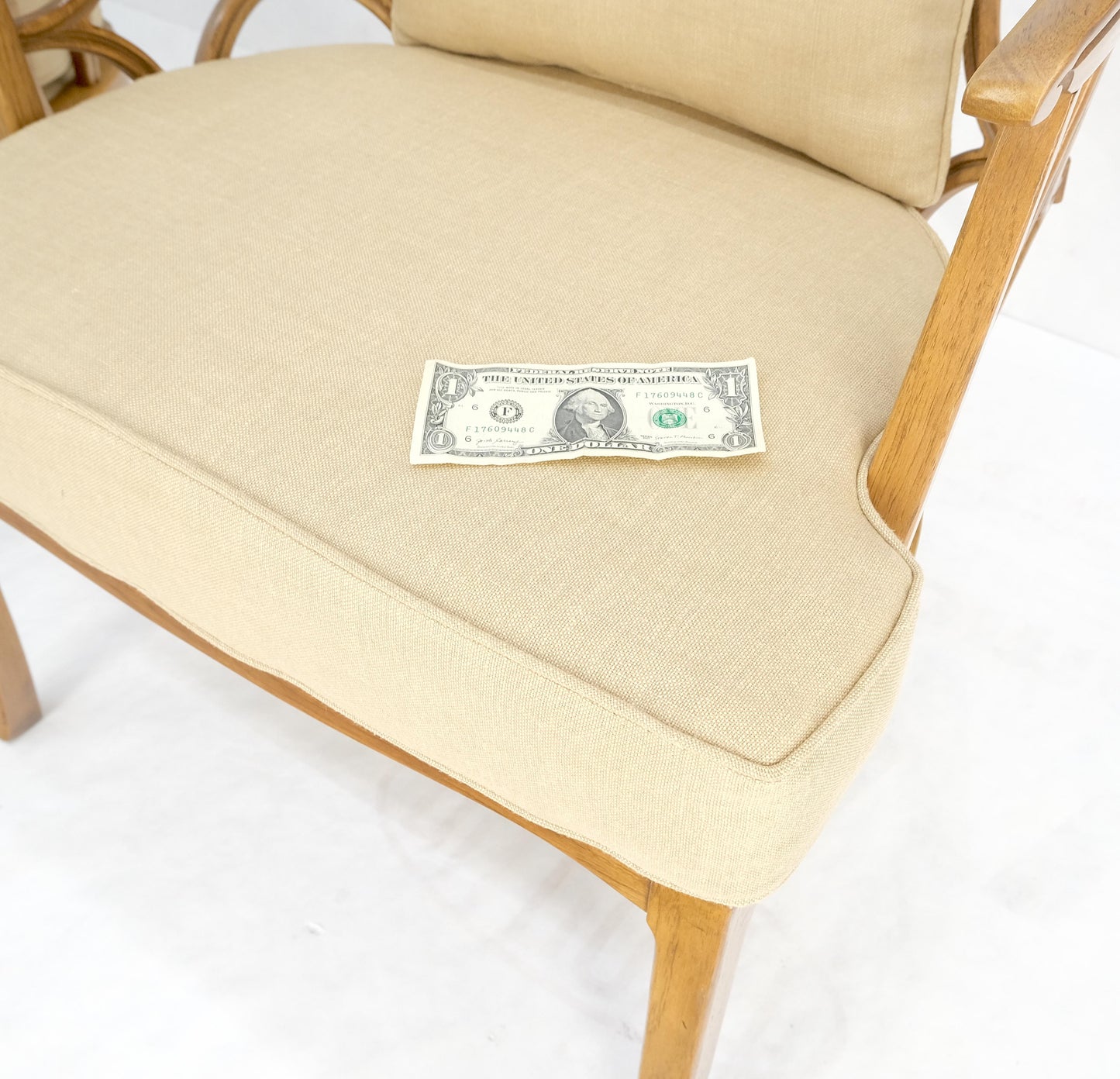 EstablishedLines Pair of New Gold Linen Upholstery Barrel Back Wrap Around Lounge Arm Chairs MINT