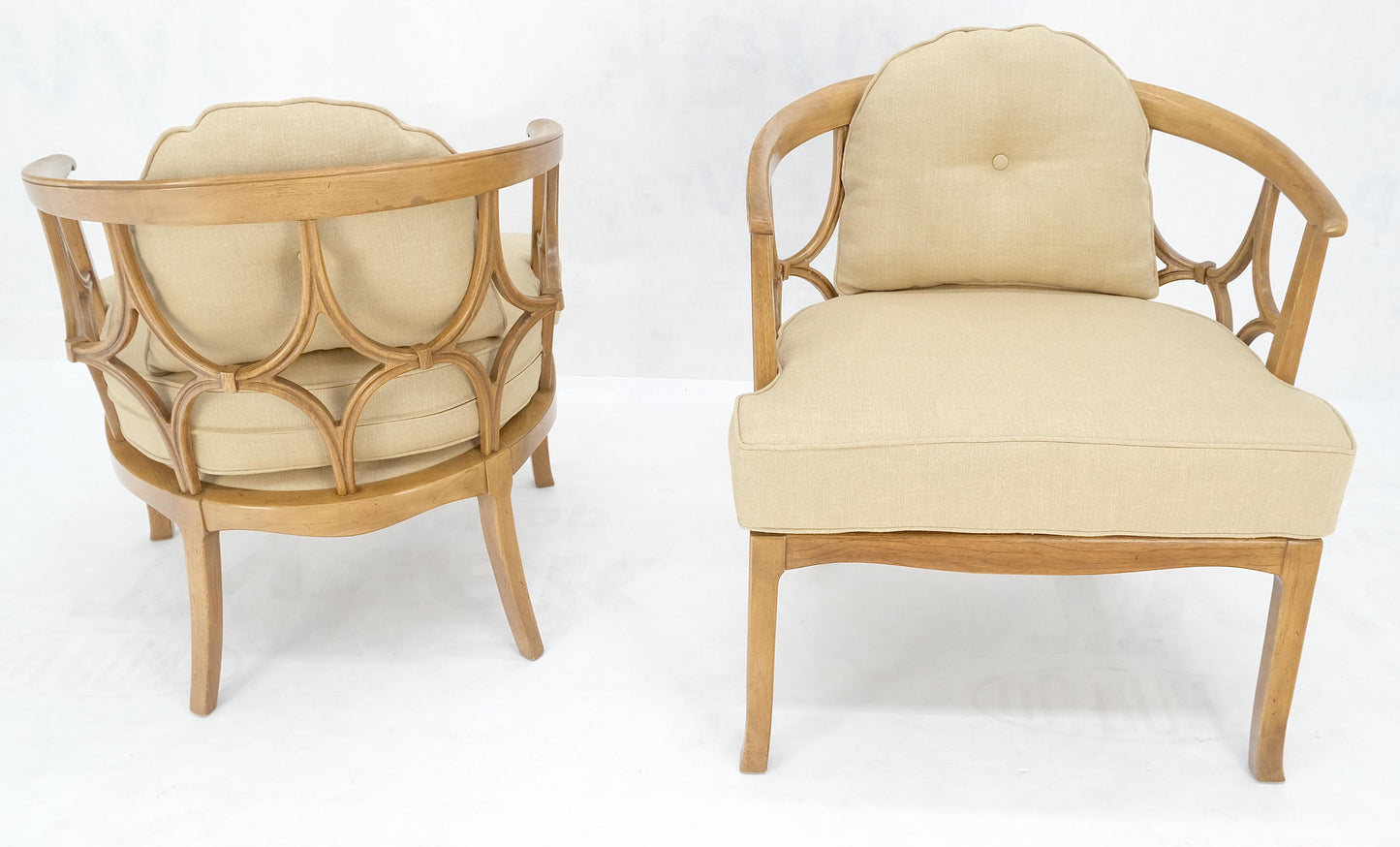 EstablishedLines Pair of New Gold Linen Upholstery Barrel Back Wrap Around Lounge Arm Chairs MINT