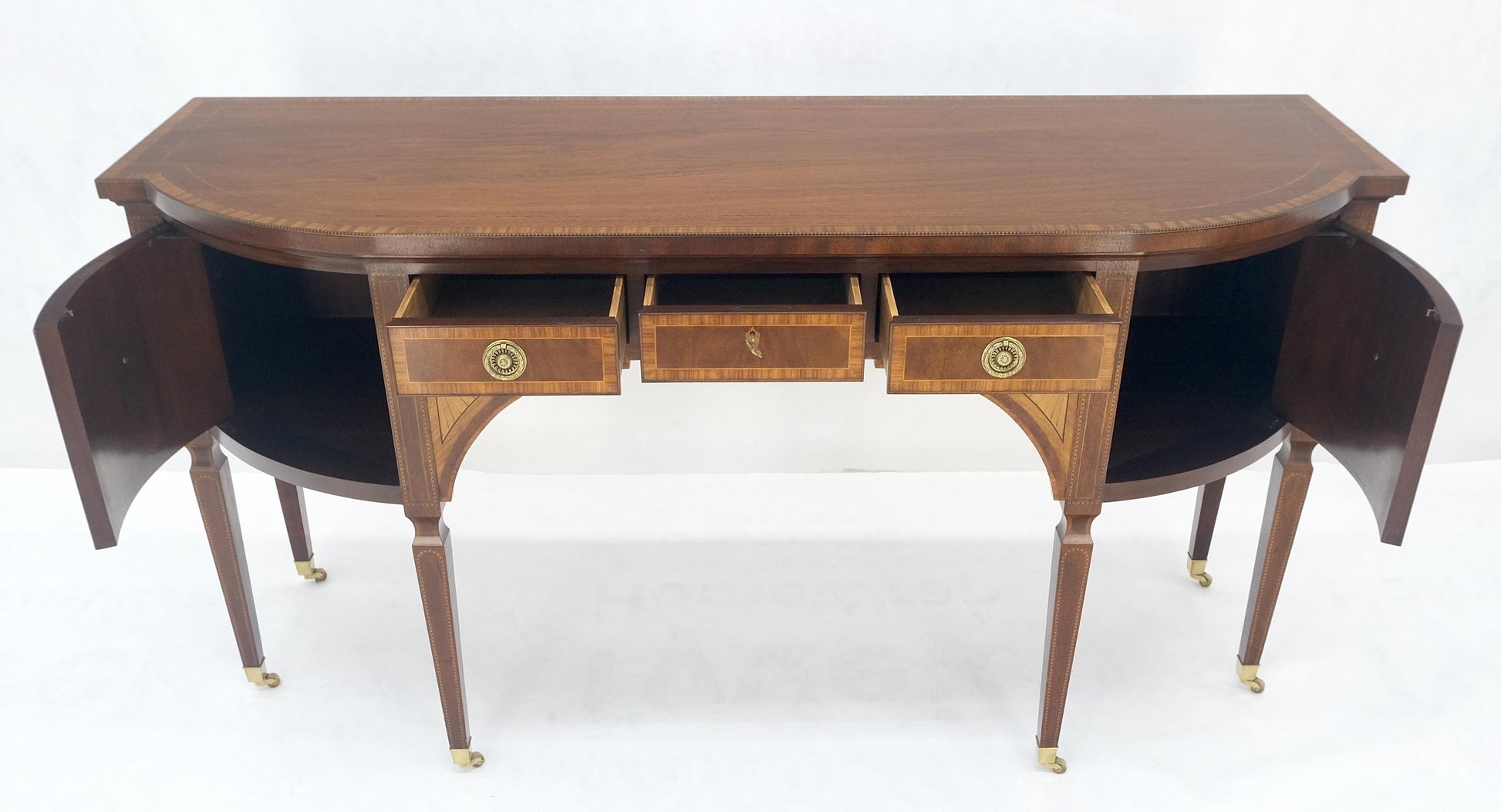 EstablishedLines Baker Mahogany Banded Top Hepplewhite Brass Castors Tapered Legs Sideboard MINT