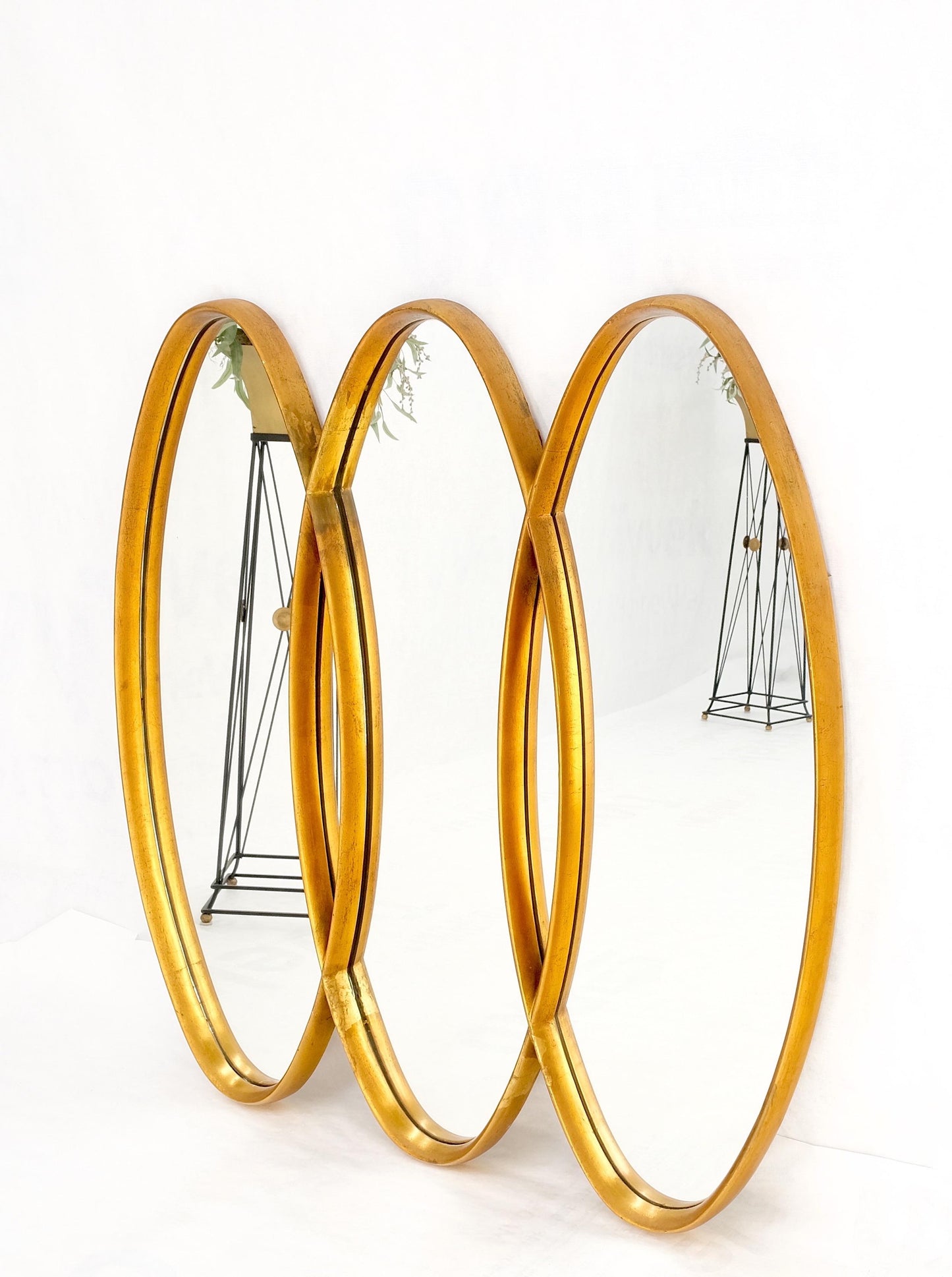 EstablishedLines Mid-Century Modern Tripple Overlapping Carved Wood Ovals Gold Gilt Wall Mirror