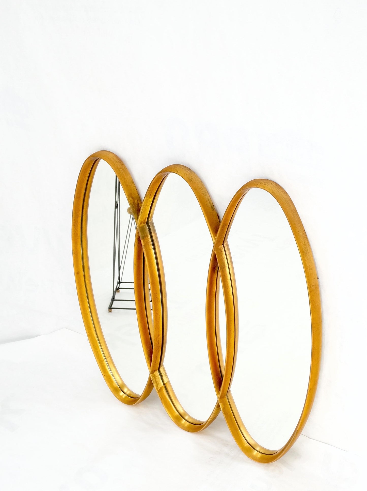 EstablishedLines Mid-Century Modern Tripple Overlapping Carved Wood Ovals Gold Gilt Wall Mirror