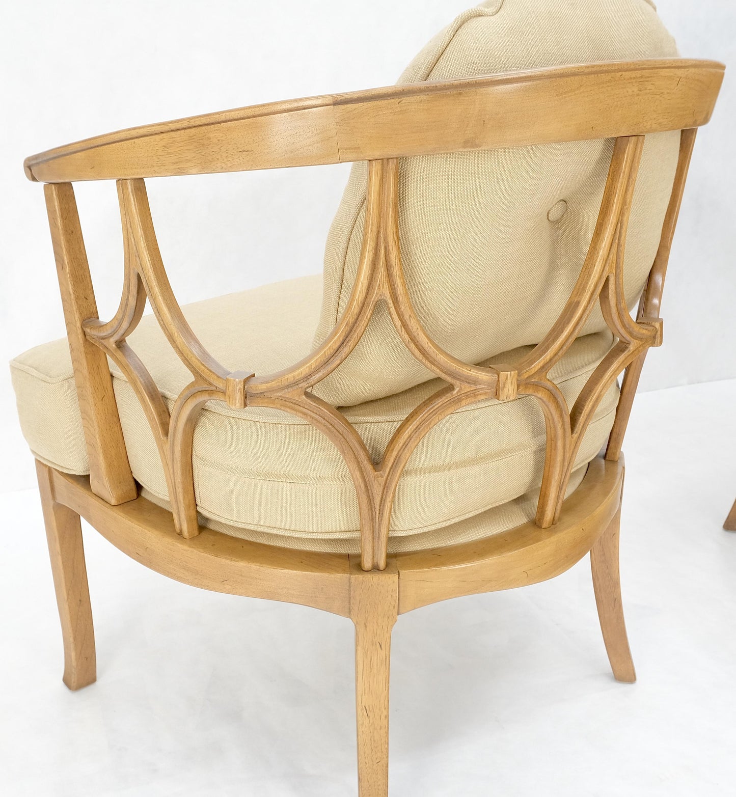 EstablishedLines Pair of New Gold Linen Upholstery Barrel Back Wrap Around Lounge Arm Chairs MINT