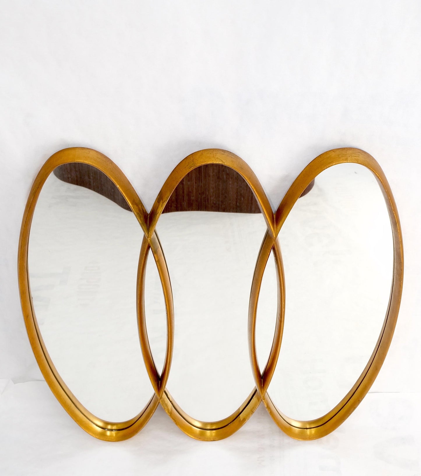 EstablishedLines Mid-Century Modern Tripple Overlapping Carved Wood Ovals Gold Gilt Wall Mirror